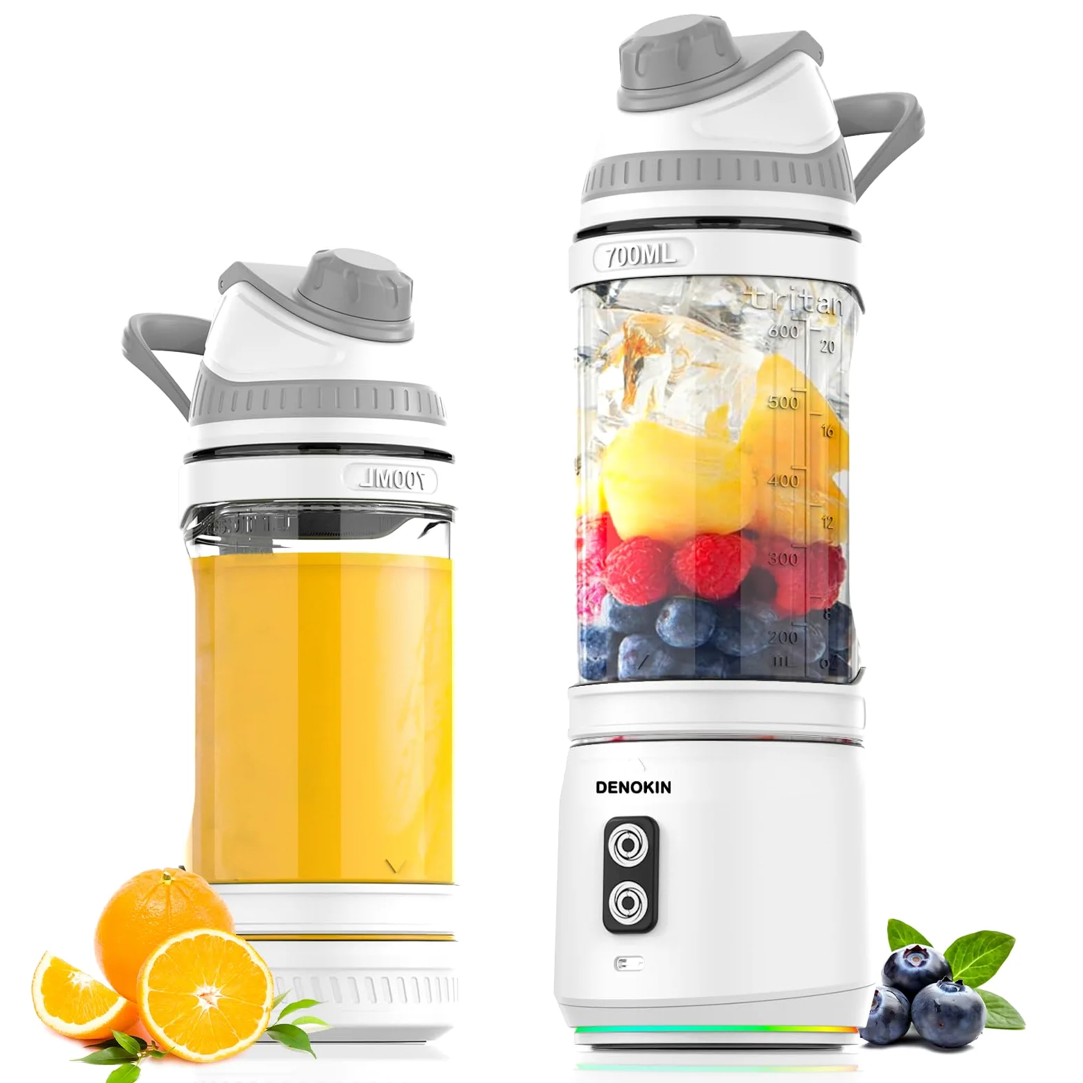 DENOKIN Mixeur portable avec couvercle à boire, 700 ml, mini blender pour les déplacements, rechargeable avec USB-C, appareil à smoothie sans fil à emporter pour smoothies, shakes