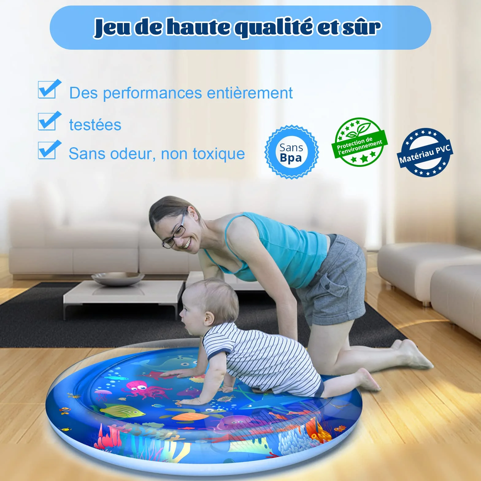 GOLDGE Tapis D'eau Gonflable Bébé 100x100cm PVC Imperméable Centre d'Activité Amusante