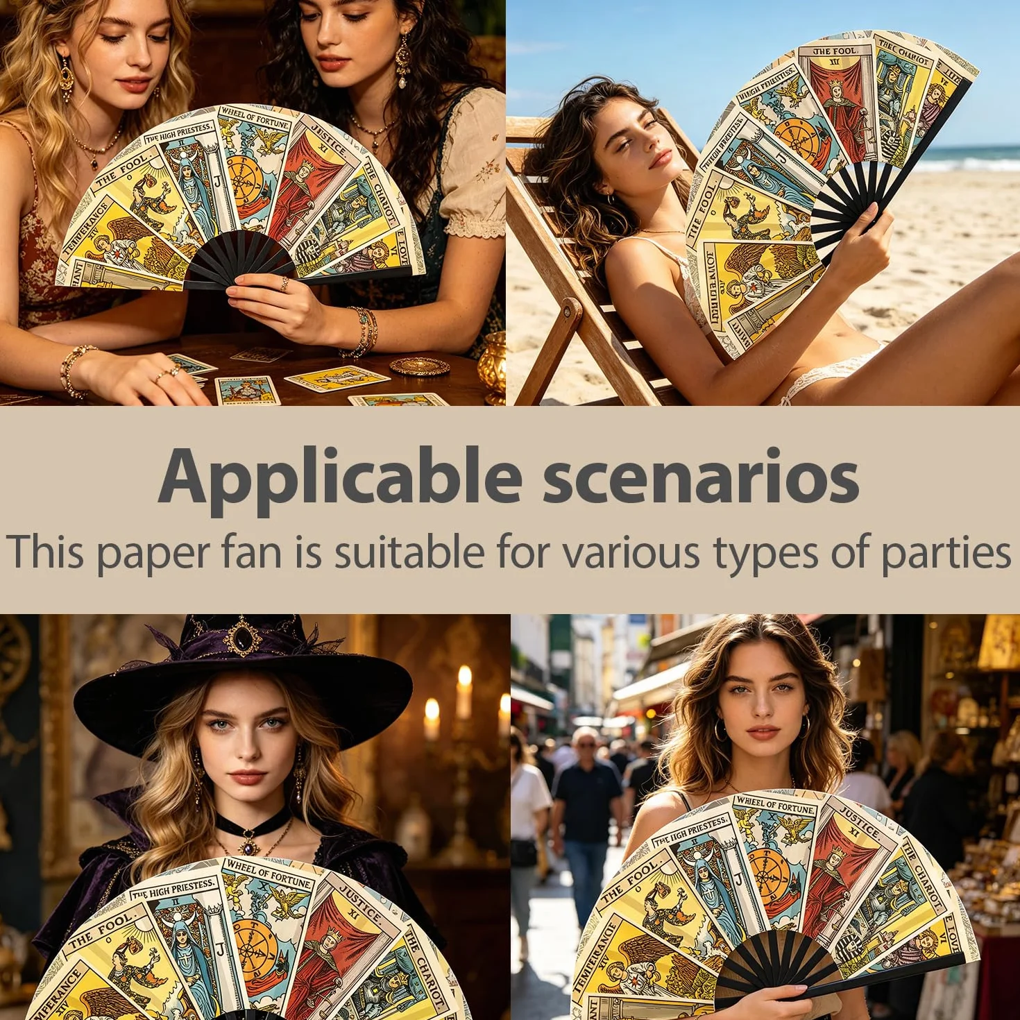 Éventail de tarot mystique avec motifs de cartes de tarot pour festival, cosplay et cadeau divination