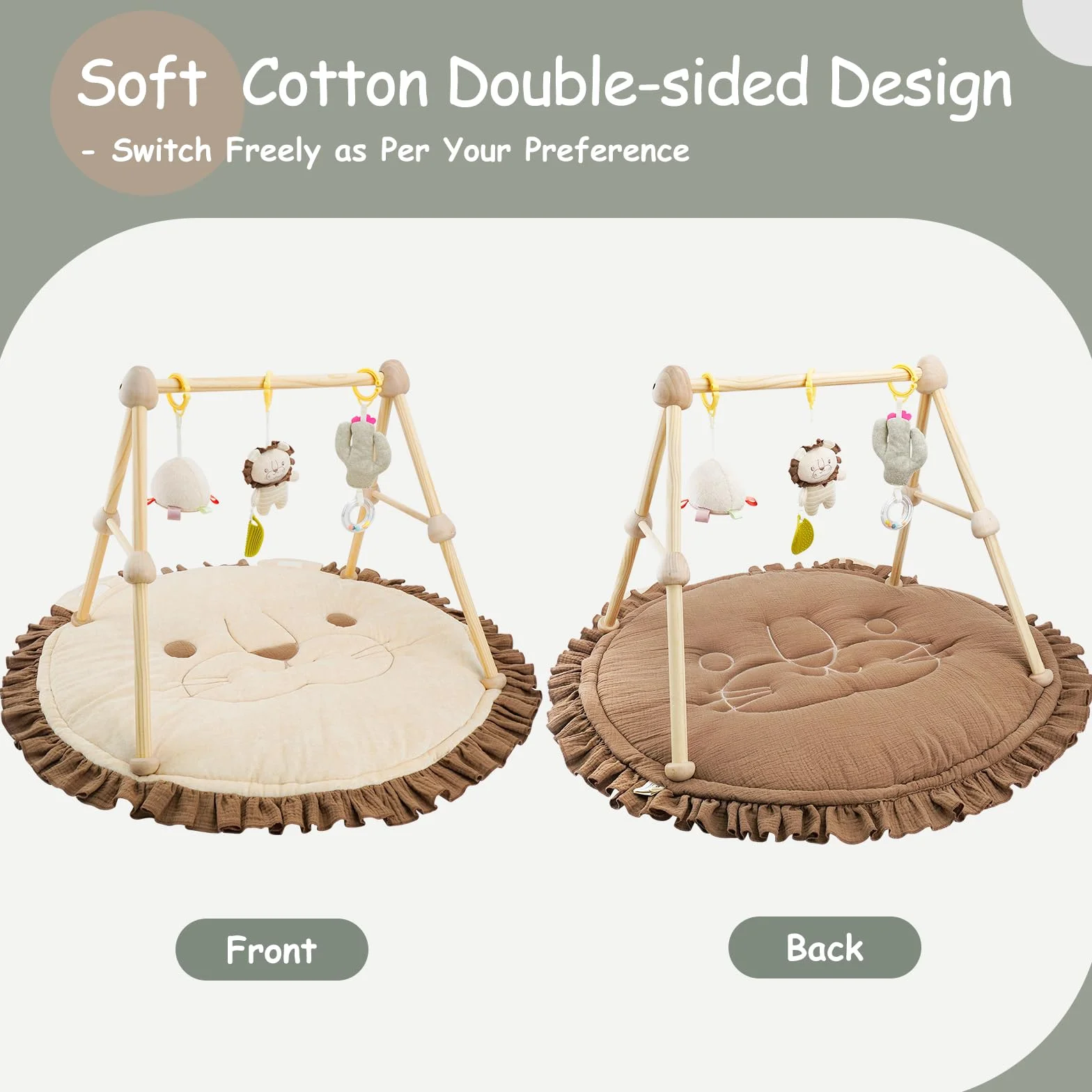 Tapis D'Eveil Bebe 4 en 1 Arche de Jeu en Bois Naturel 3 Peluches Amovibles Développement Visuel Auditif Tactile Cognitif 0-36 Mois Cadeau de Naissance