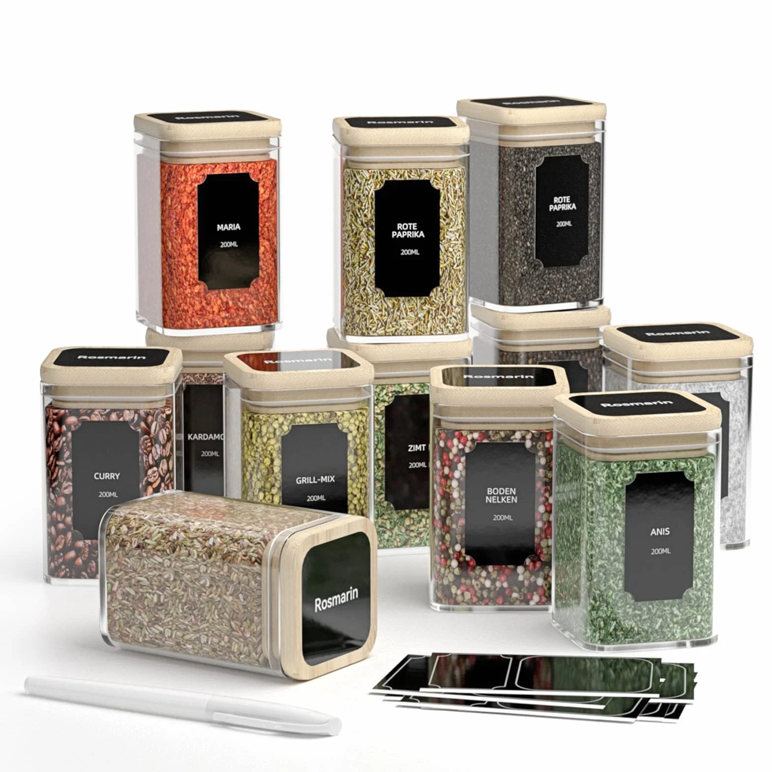 Set de pots à épices carrés 12x200ml, bocal verre avec couvercle bambou, bocaux hermétiques étiquettes marqueurs