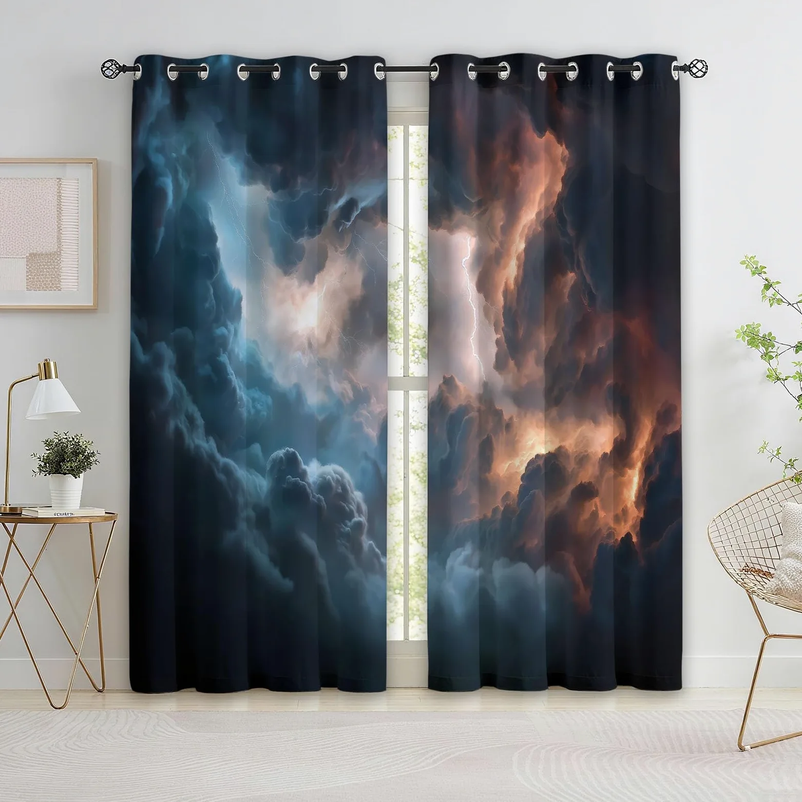 Rideau Occultant Gris, Style Fantastique Nuages Sombres Éclairs Rideaux à Oeillets, Rideau Thermique Isolant Anti Froid et Chaleur pour Salon Chambre Fenetre Décoration 110L x 215H cm Lot de 2