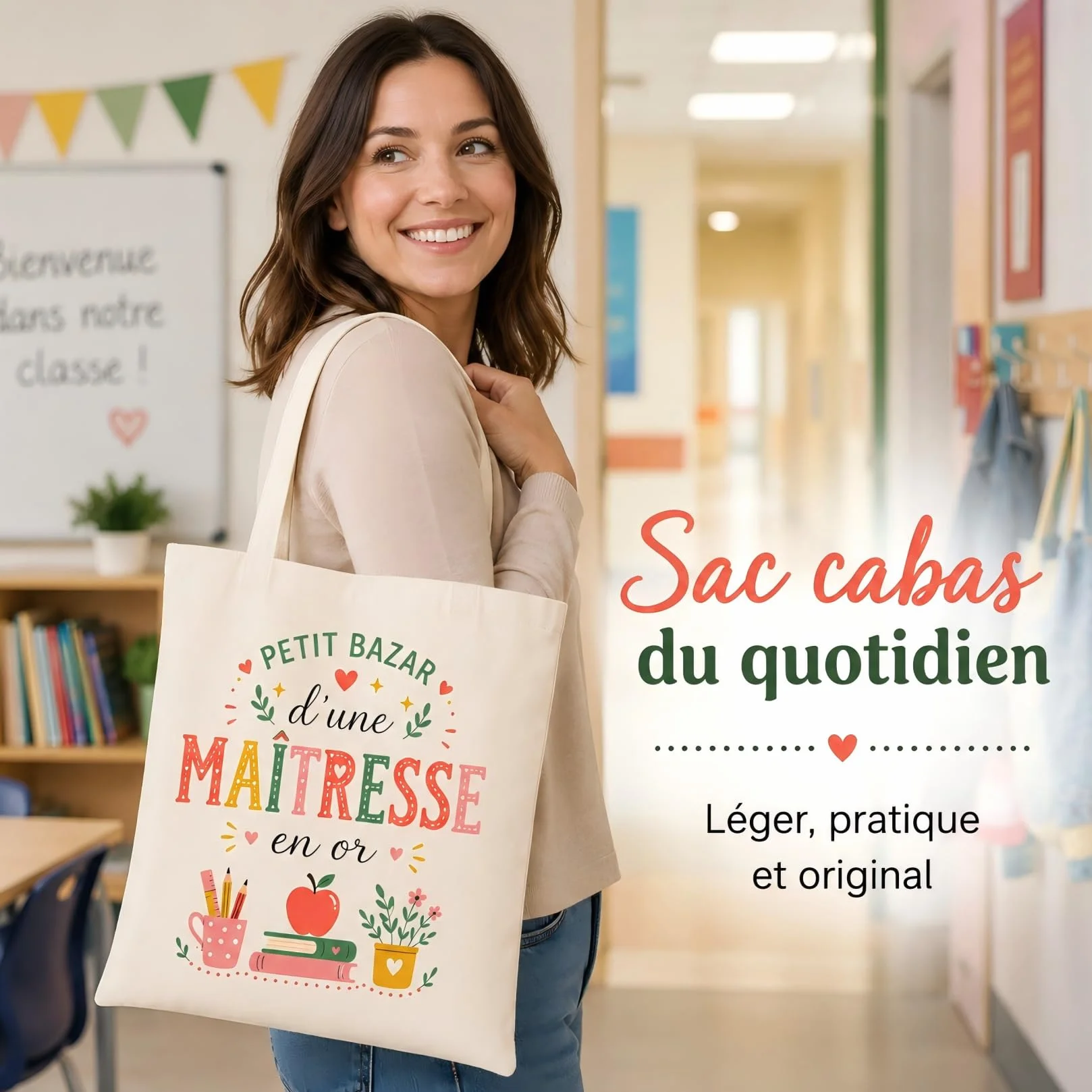 Tote Bag Cadeau Maîtresse d'École Original Joyeux Noël Sac Cabas Fin d'Année