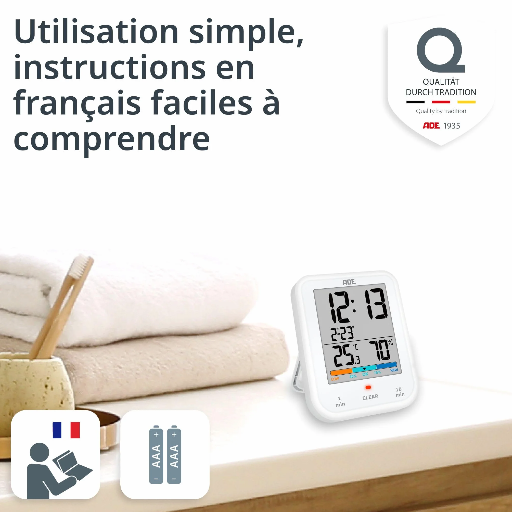 ADE Horloge de Salle de Bain Numérique avec Hygromètre et Thermomètre Étanche Grand Écran LCD