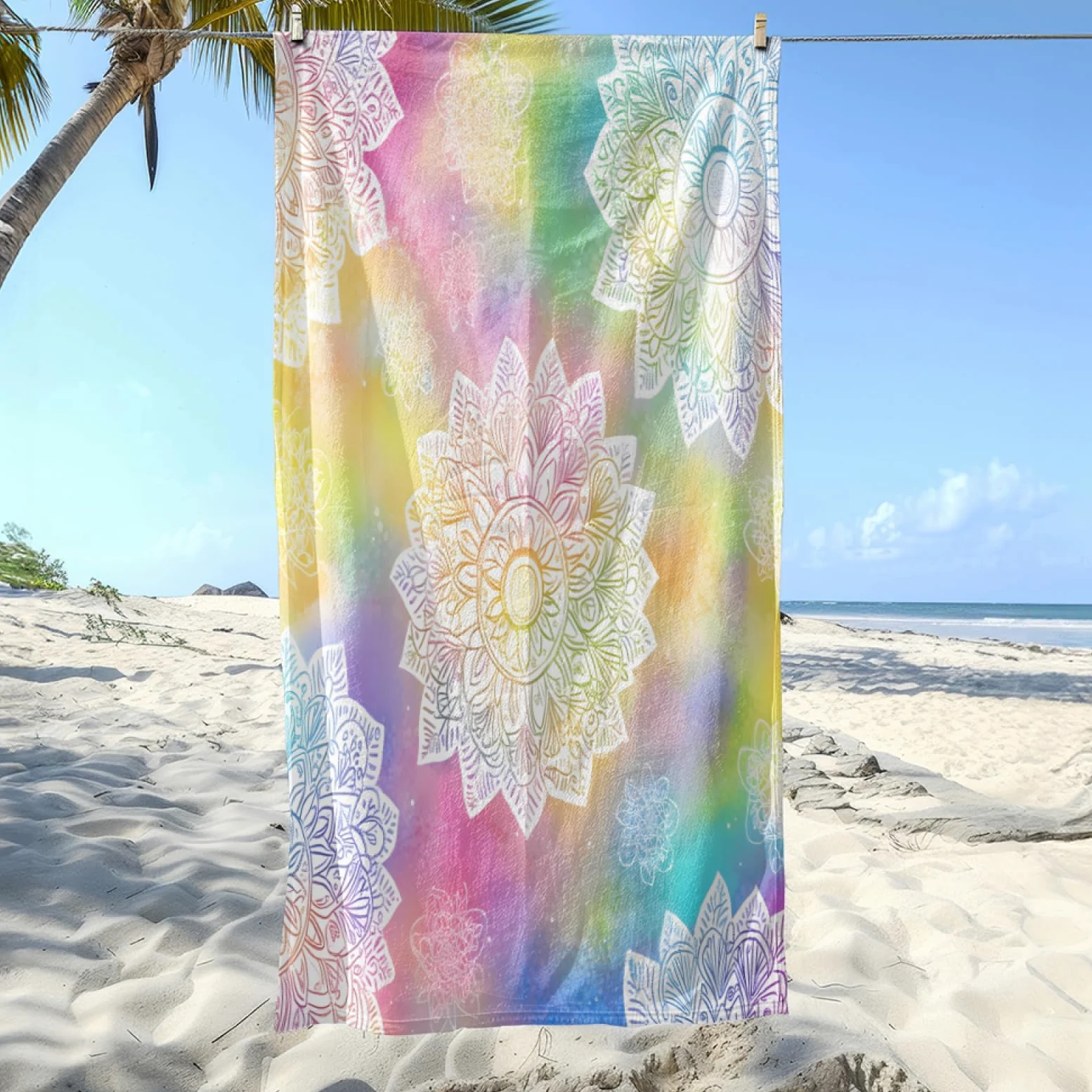 Serviette de Plage Mandala Jaune Vert Drap de Plage Anti Sable Portable Serviette de Bain XXL Piscine Toilette Sport Microfibre Ultraléger Towel Absorbant Séchage Rapide 200x220cm