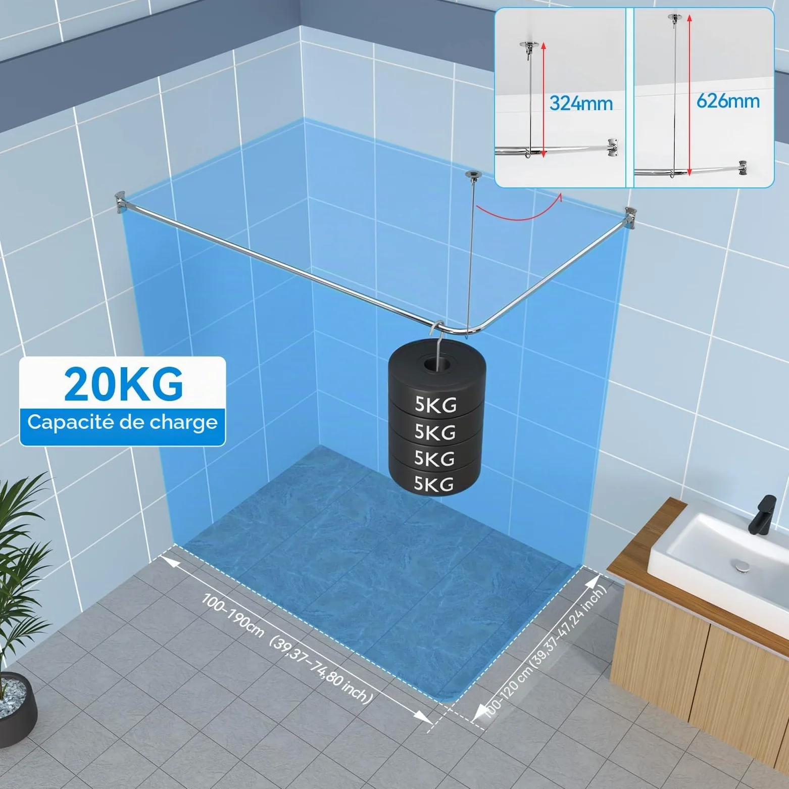 KULACO Barre de douche en forme de L, 100-120x100-190cm | barre de douche réglable en acier inoxydable SUS304, tringle pour rideau de douche de coin, avec 16 anneaux pour rideau