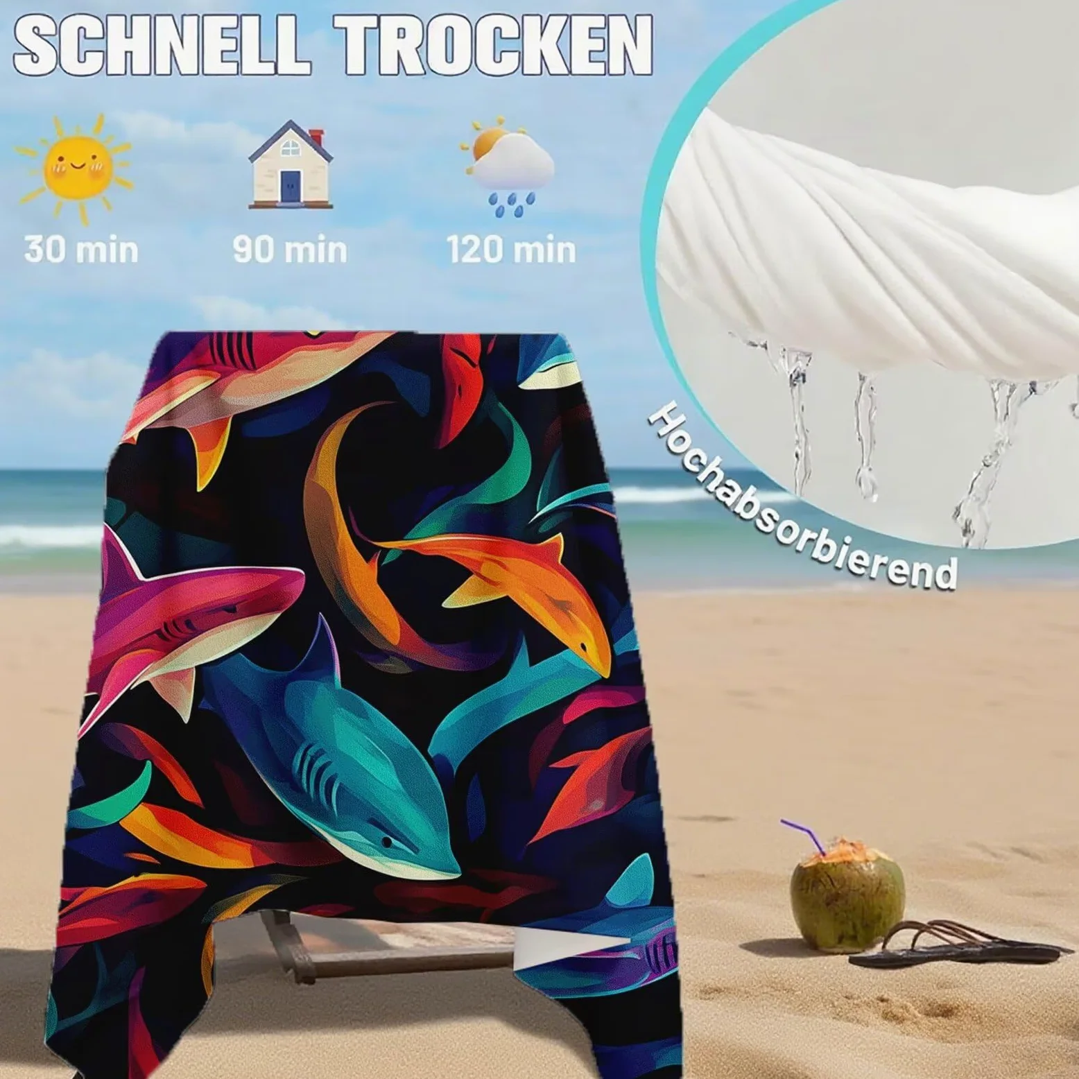 Serviette Plage Poisson Motif, Serviette de Plage XXL 100x180 avec Sac, Serviettes de Bain Microfibre Séchage Rapide Anti-Sable Absorbante Fonction pour Bain, Sport, Voyages, Sauna, Piscine Q-628