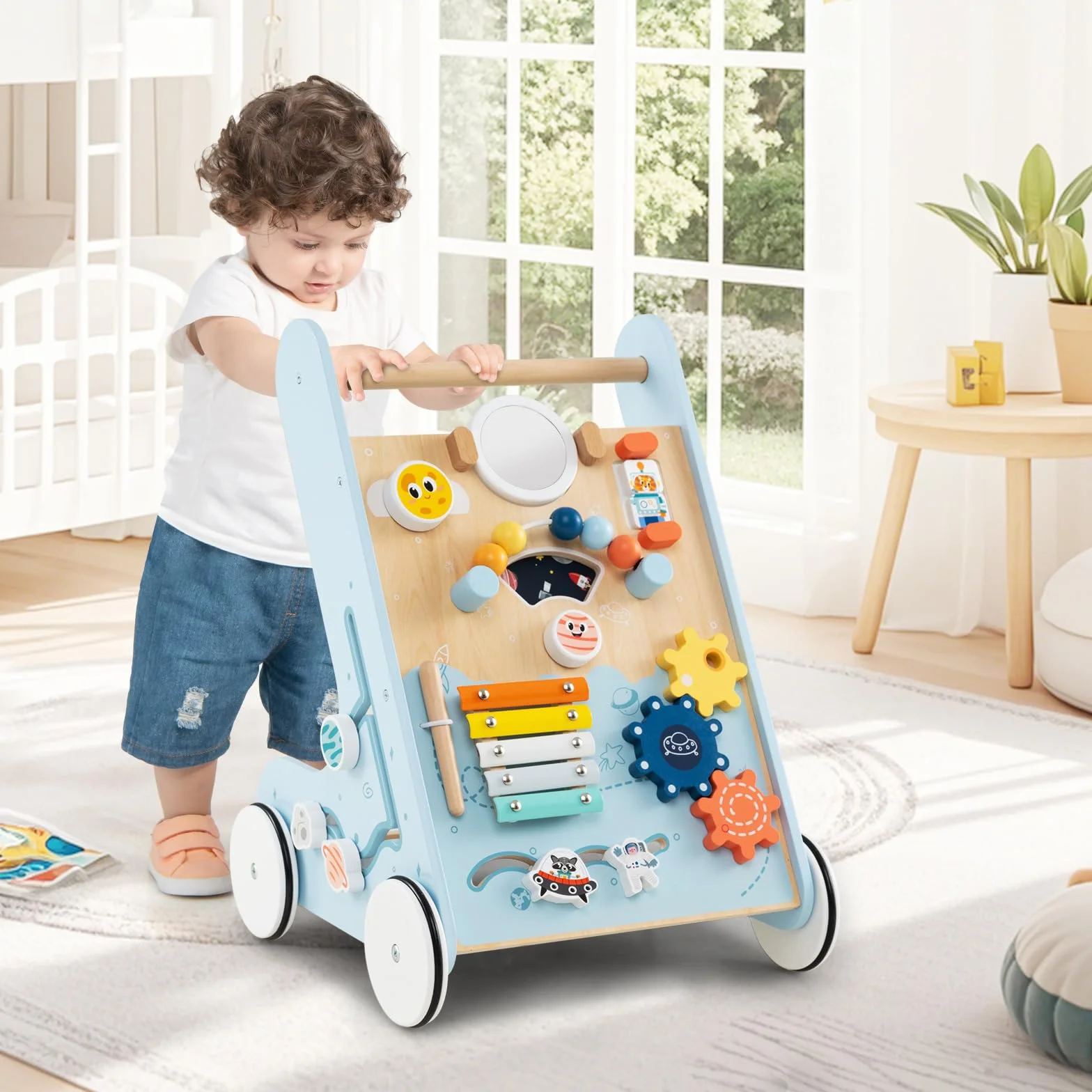 LIFEZEAL Chariot de Marche Bébé en Bois, Trotteur Evolutif 8 en 1, Centre d'activité avec Xylophone en métal, Jouet éducatif, Marcheur pour Bebe 1+ an (bleu)