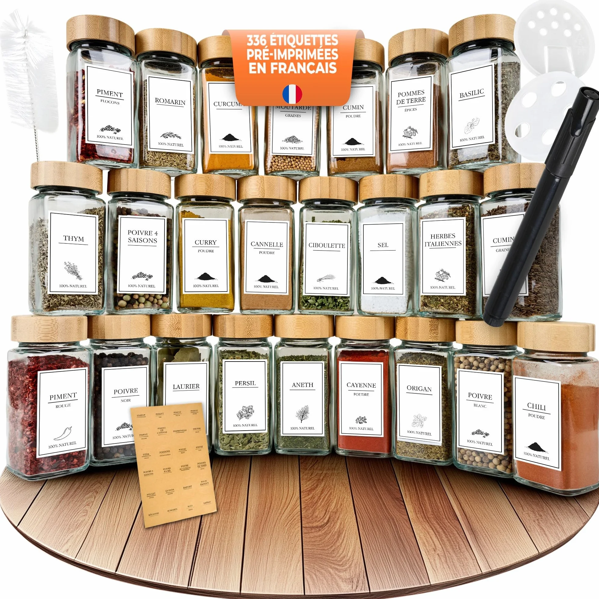Pots à Épices en Verre et Bois 24 Bocaux 120 ml avec 336 Étiquettes Françaises et 2 Moulins