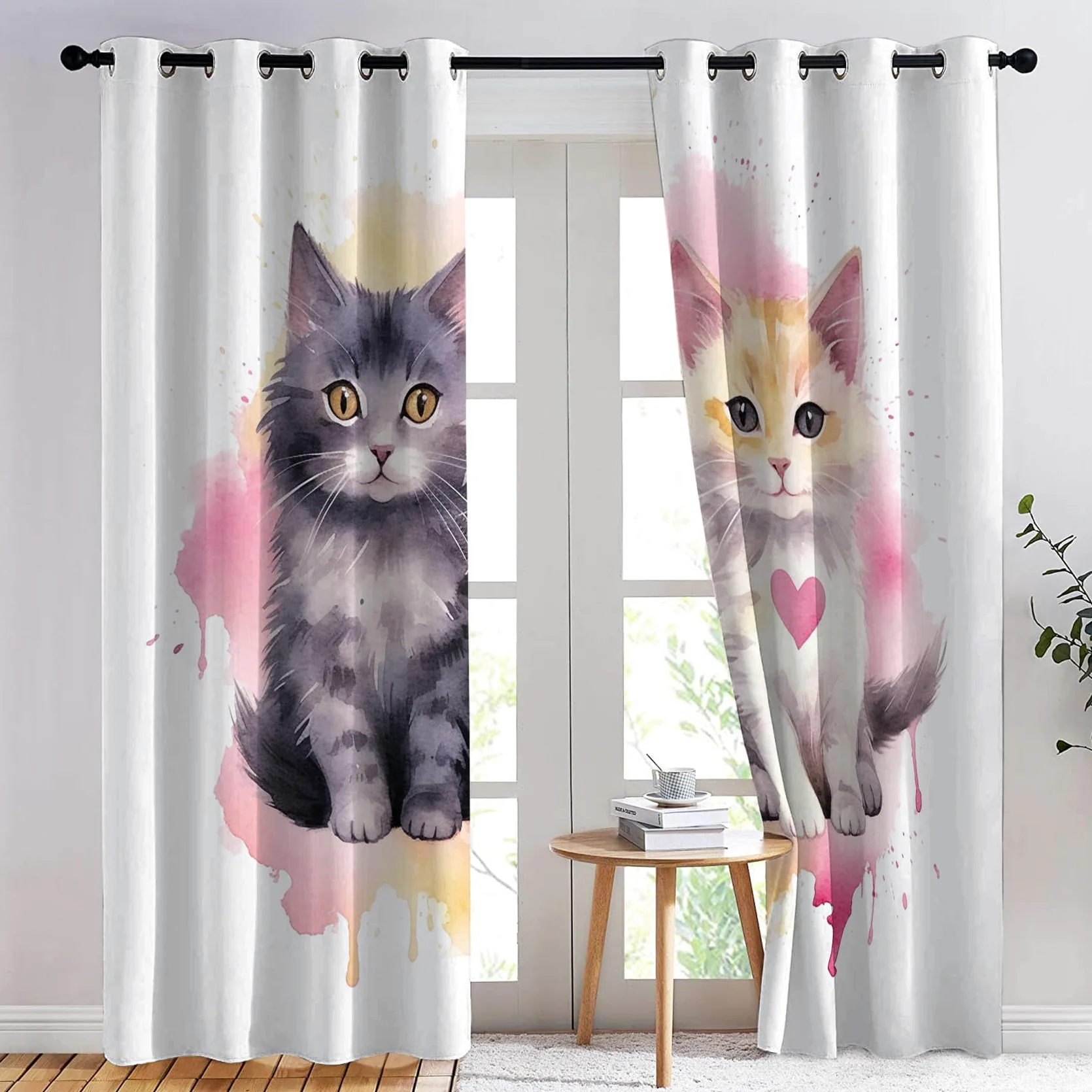 Rideau Occultant Chat Mignon, Chaton Motif Rideaux Thermiques à Oeillets, Rideaux Imprimé pour Salon Chambre Fenetre Moderne Décoration, 75x166 cm (L x H), Lot de 2