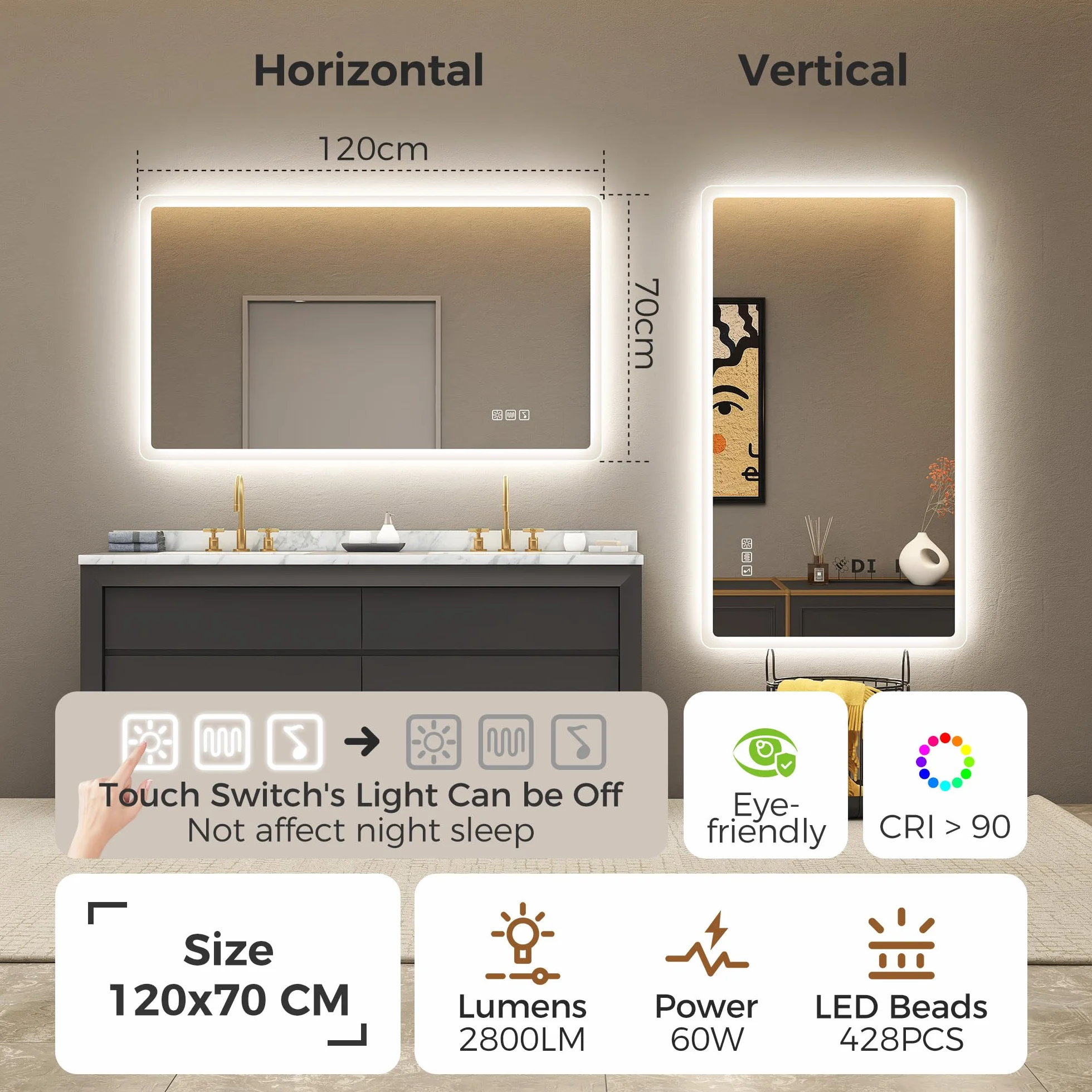STARLEAD Grand Miroir LED Salle de Bain 120x70cm Bluetooth Dimmable 3 Couleurs IP44 Verre Trempé