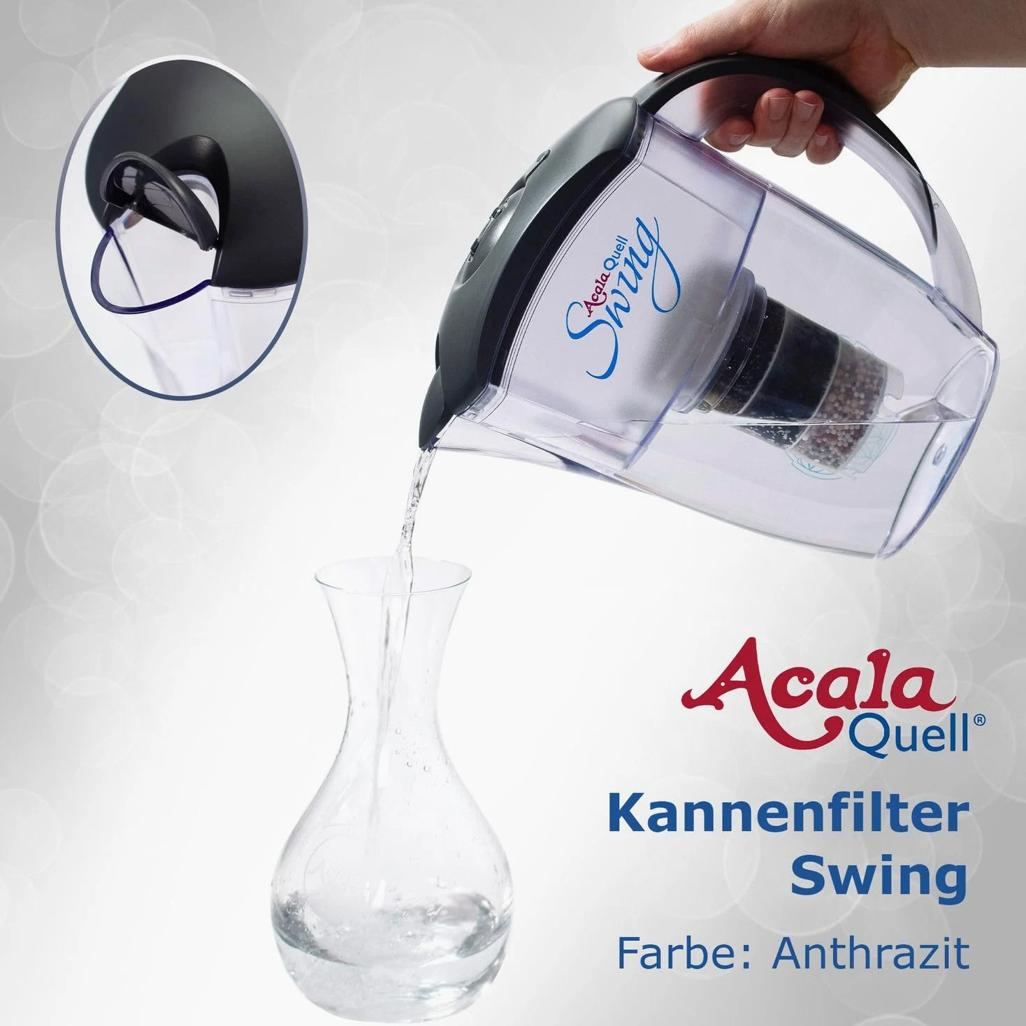 Filtre à eau AcalaQuell Swing carafe filtrante | Anthracite | Très haute performance de filtration | Cartouche filtrante multi-couche | Technologie de PI | Délicieuse dégustation d’une eau saine