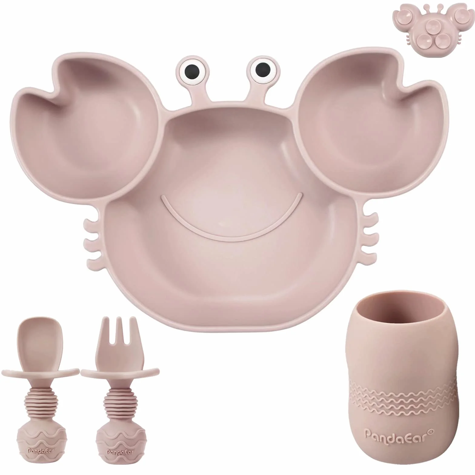 PandaEar Ensemble d'Alimentation Bébé Silicone | Assiette Divisée Ventouse Crabe Tasse Cuillères Fourchettes Ustensiles Rose