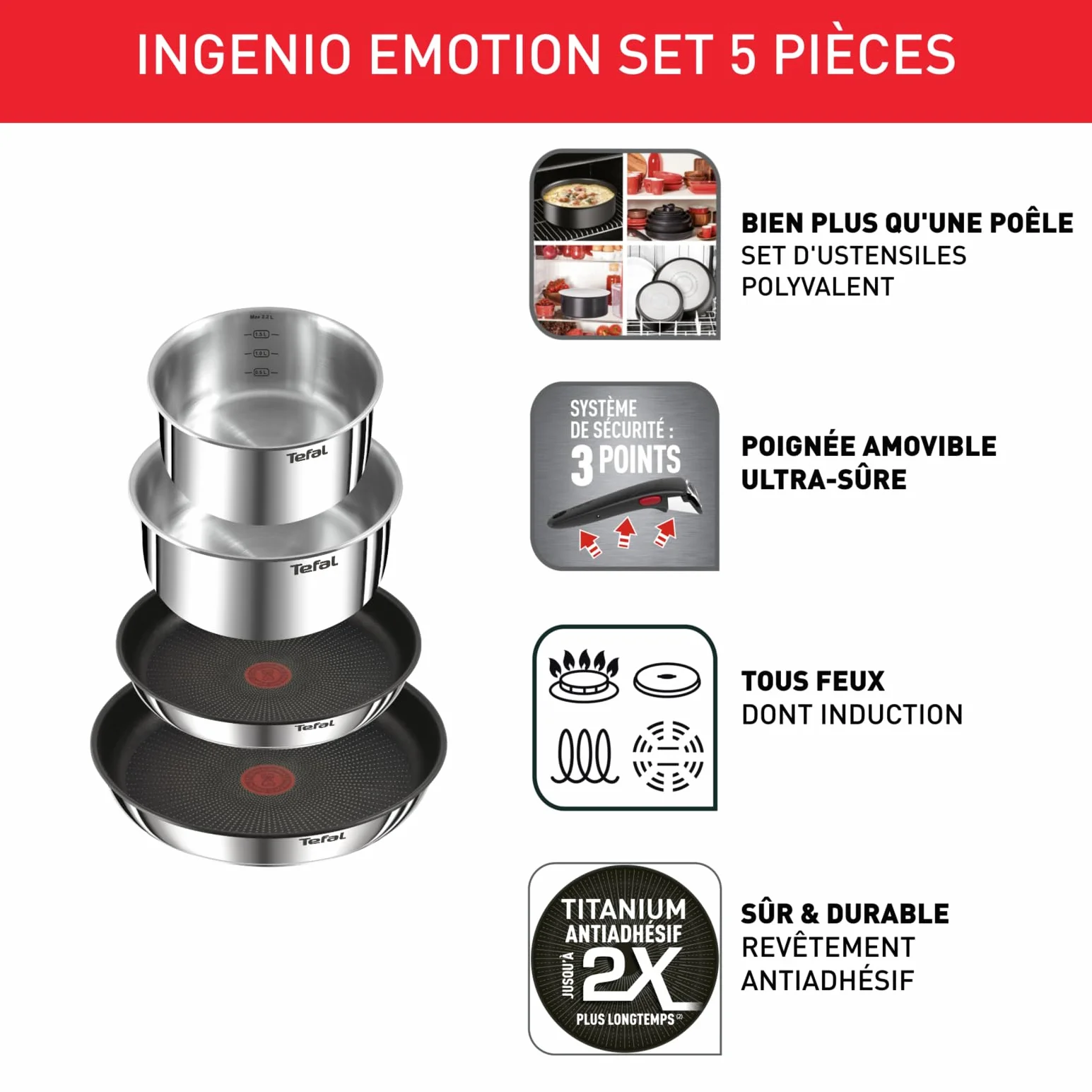 Tefal Ingenio Emotion L897S504 Lot 2 Poêles 2 Casseroles Poignée amovible Induction Acier inoxydable Antiadhésif