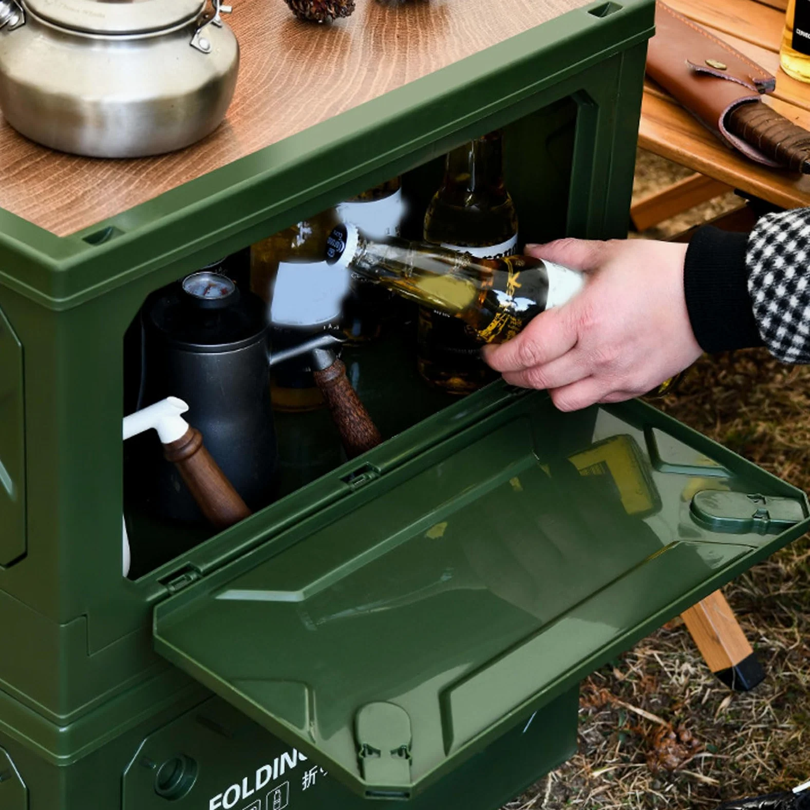 Boîte de Rangement de Camping Pliable, Bacs de Rangement Empilables avec Couvercle, Conception à Poulie, étanche, Ouverture sur 5 Côtés, Bacs de Rangement Pliants de Camping pour Voiture et(Vert)
