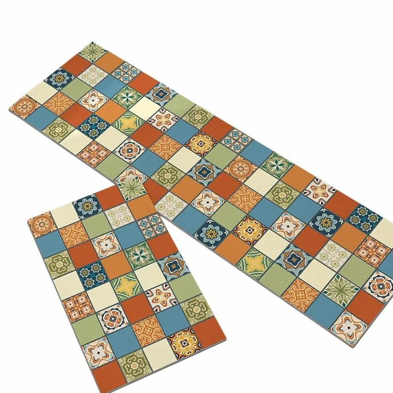 Tapis Cuisine Antidérapant，Lot De 2 Tapis De Couloir Anti-Fatigue Antidérapants Pour Cuisine Et Entrée, Imperméables Et Faciles À Nettoyer, Motif Mosaïque Florale Rétro, Pour Couloir, Buande