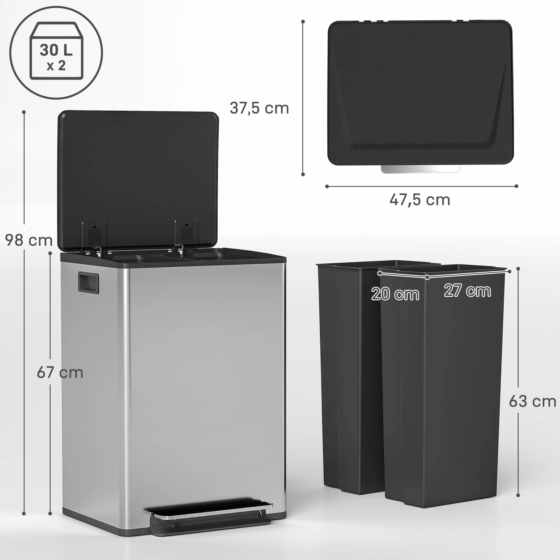HOMCOM Poubelle double compartiment 2x30L acier inoxydable cuisine pédale tri sélectif