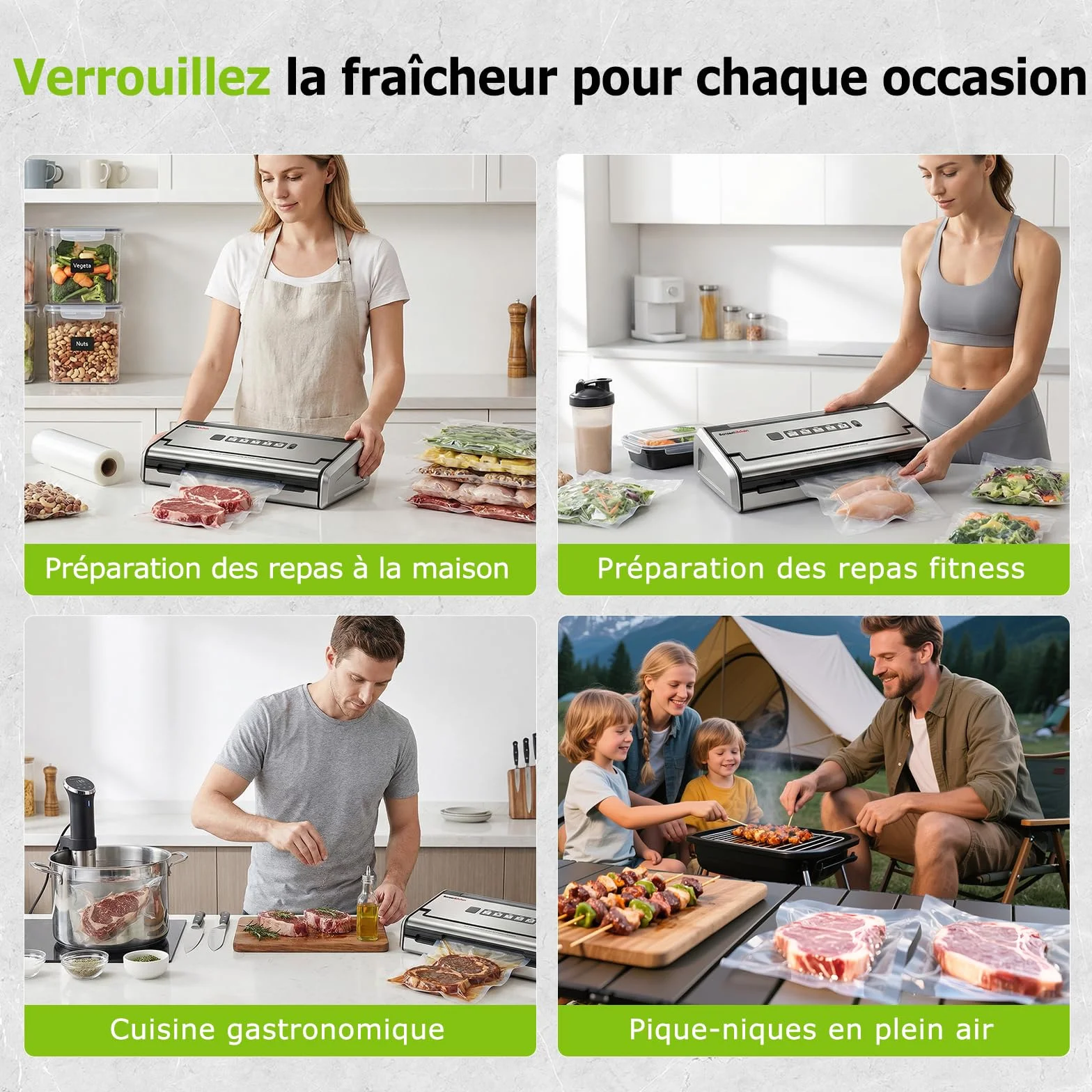 Bonsenkitchen Machine Sous Vide, 5mm Soudure Large Anti-Fuite, Acier Inoxydable, Une Main & Pulse Sec/Humide, VS4200