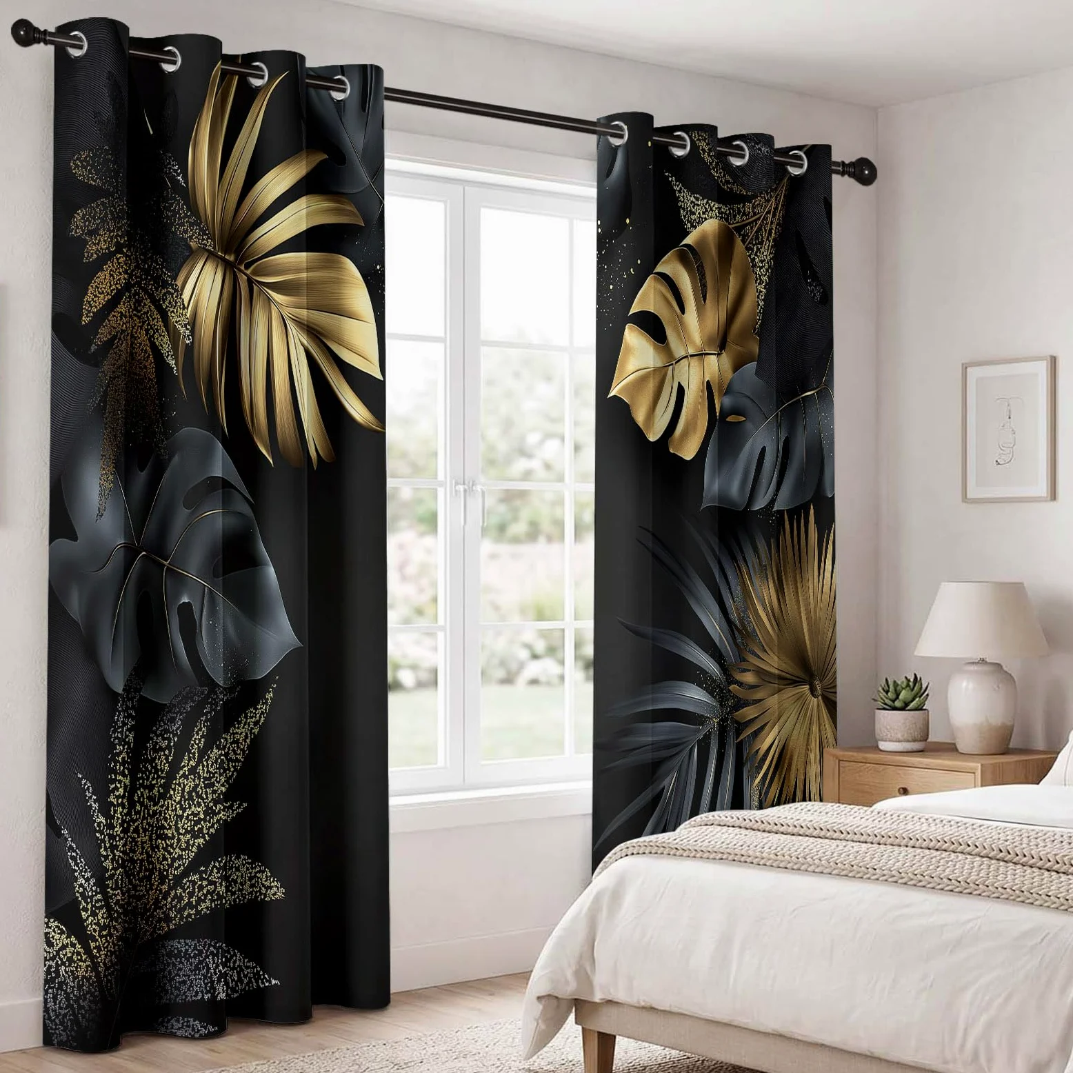 Rideau Occultant 3D Impression Feuilles Tropicales Modernes Et Élégantes Rideaux Salon Isolant Anti Froid Polyester 91.5L X 214H cm (2 Panneaux) Rideaux De pour Chambre Cuisine Décoration Noir Or