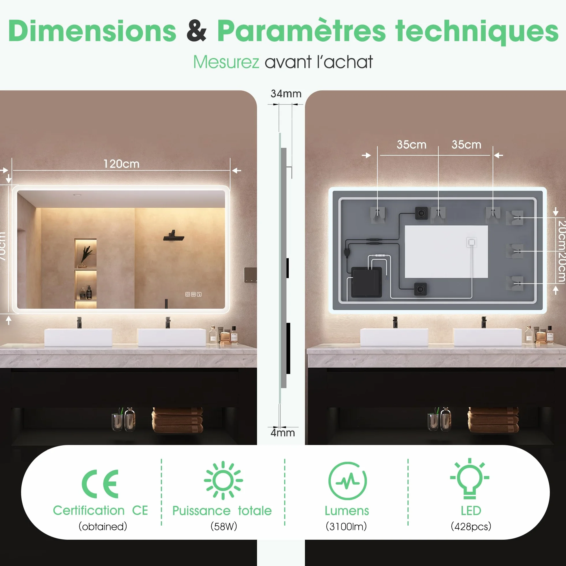 Miroir Salle de Bain LED 120x70cm Bluetooth Anti-buée IP44 Dimmable Mémoire Verre Trempé