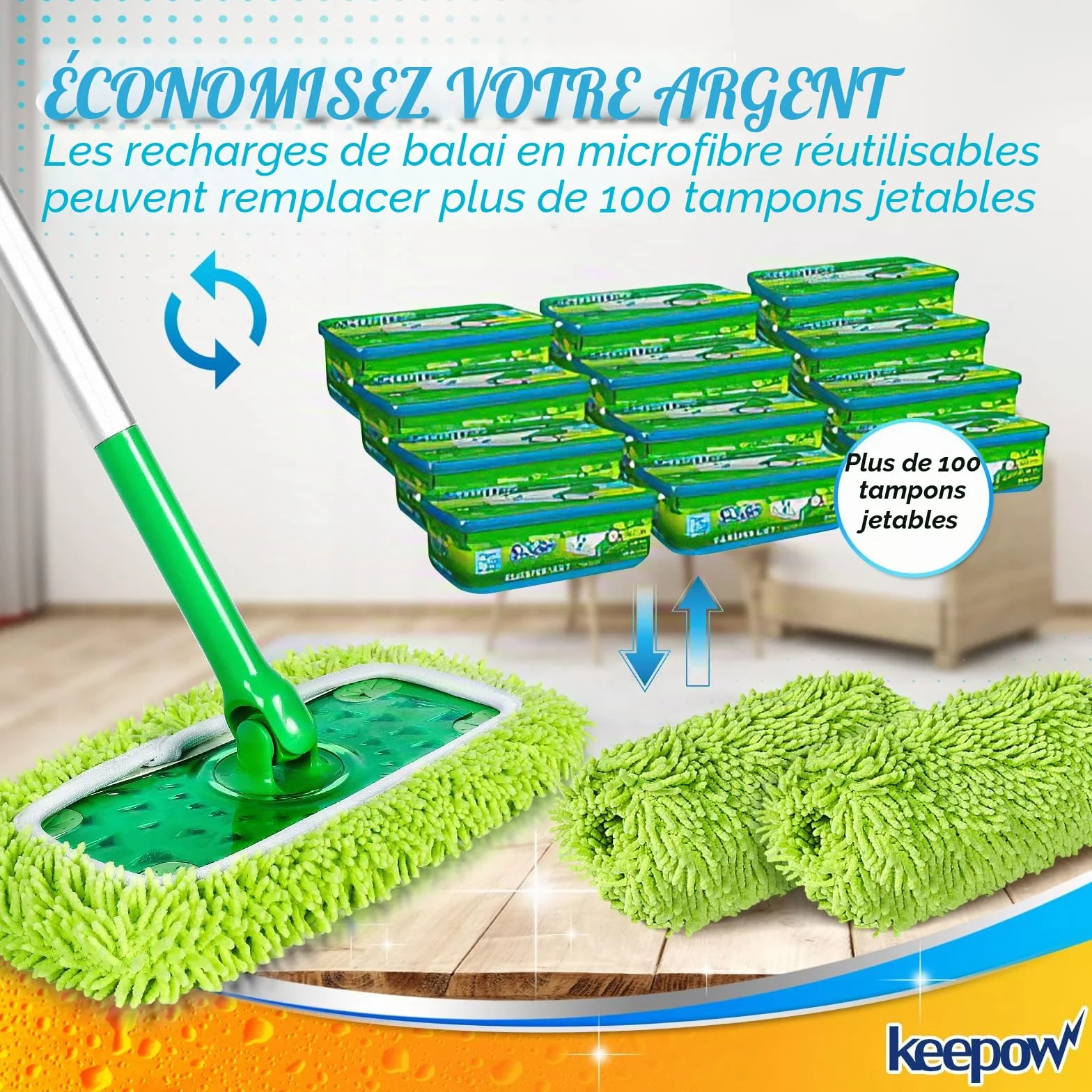 KEEPOW Chiffons Réutilisables Compatibles Swiffer Balai, Lavables, Microfibres pour Swiffer Sweeper Mop, Sec et Humide