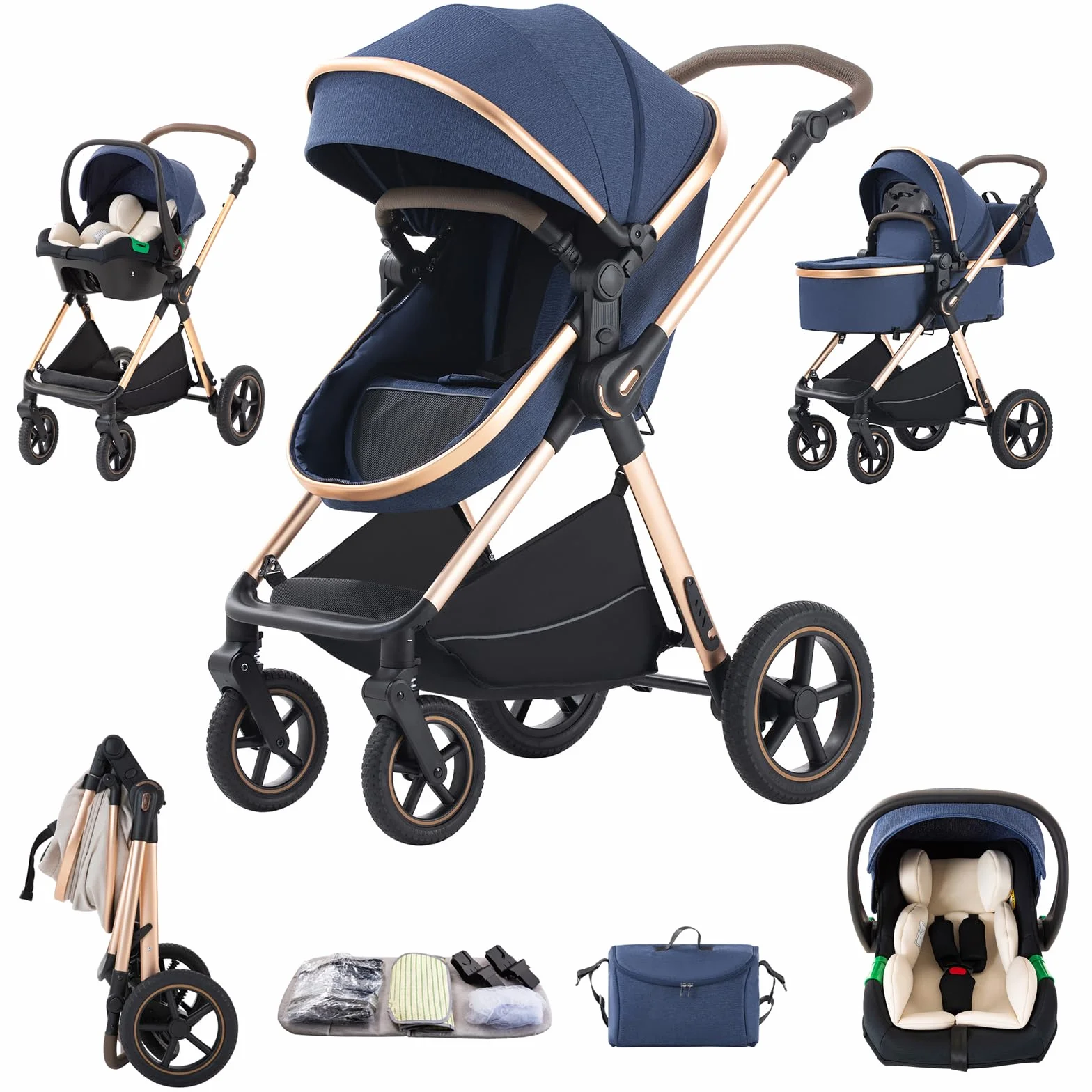 Poussette 3 en 1 Citadine Combinée Tricycle Baby Walker Haute Paysage Landau pour 0-36 Mois Pliante Trolley Bébé