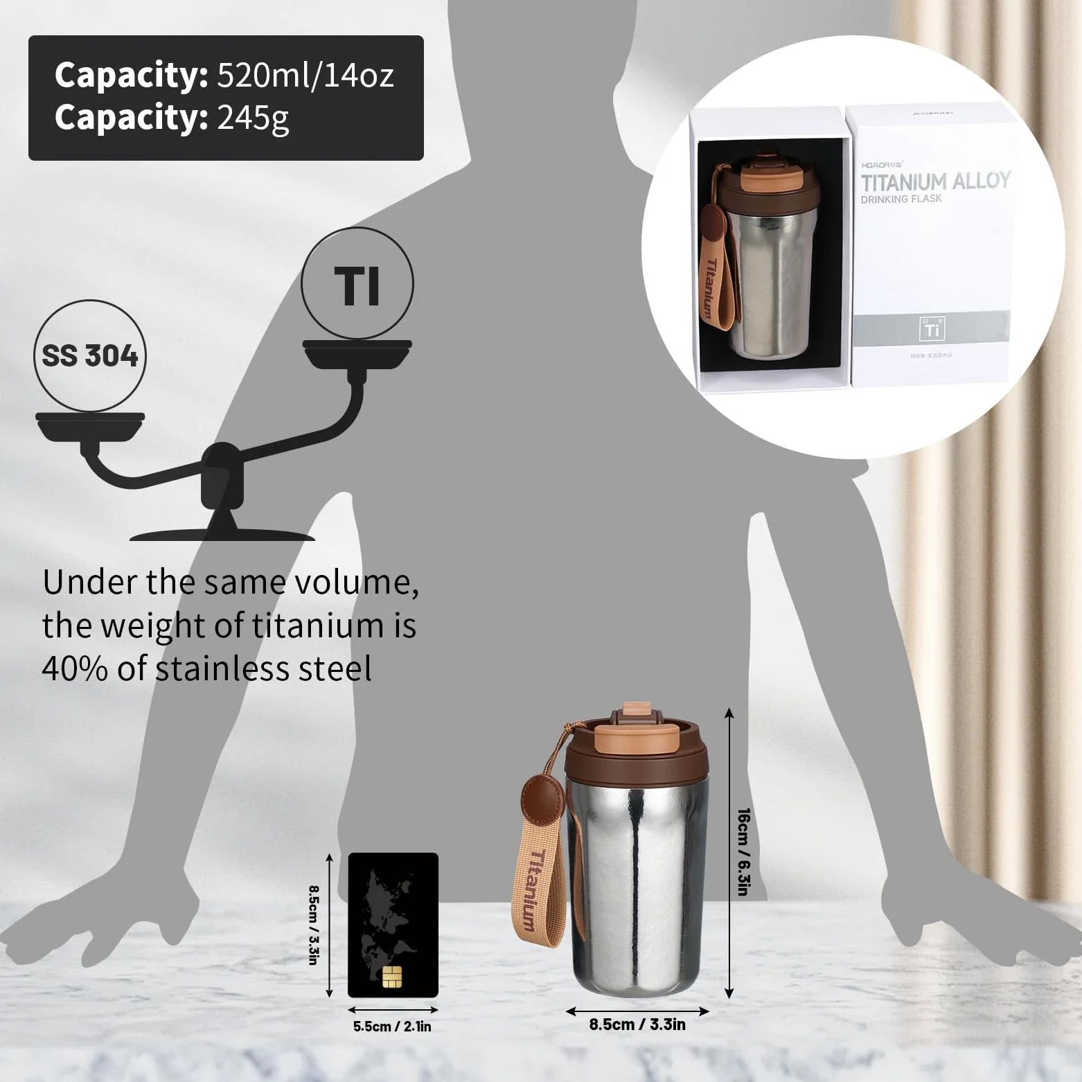 Tasse de voyage en titane de 414 ml