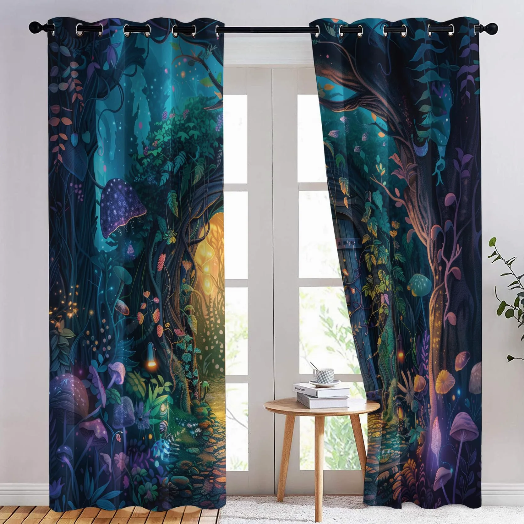 Rideau Occultant Forêt Magique, Bois Fantastique Motif Rideaux Thermiques à Oeillets, Rideaux Imprimé pour Salon Chambre Fenetre Moderne Décoration, 140x200 cm (L x H), Lot de 2