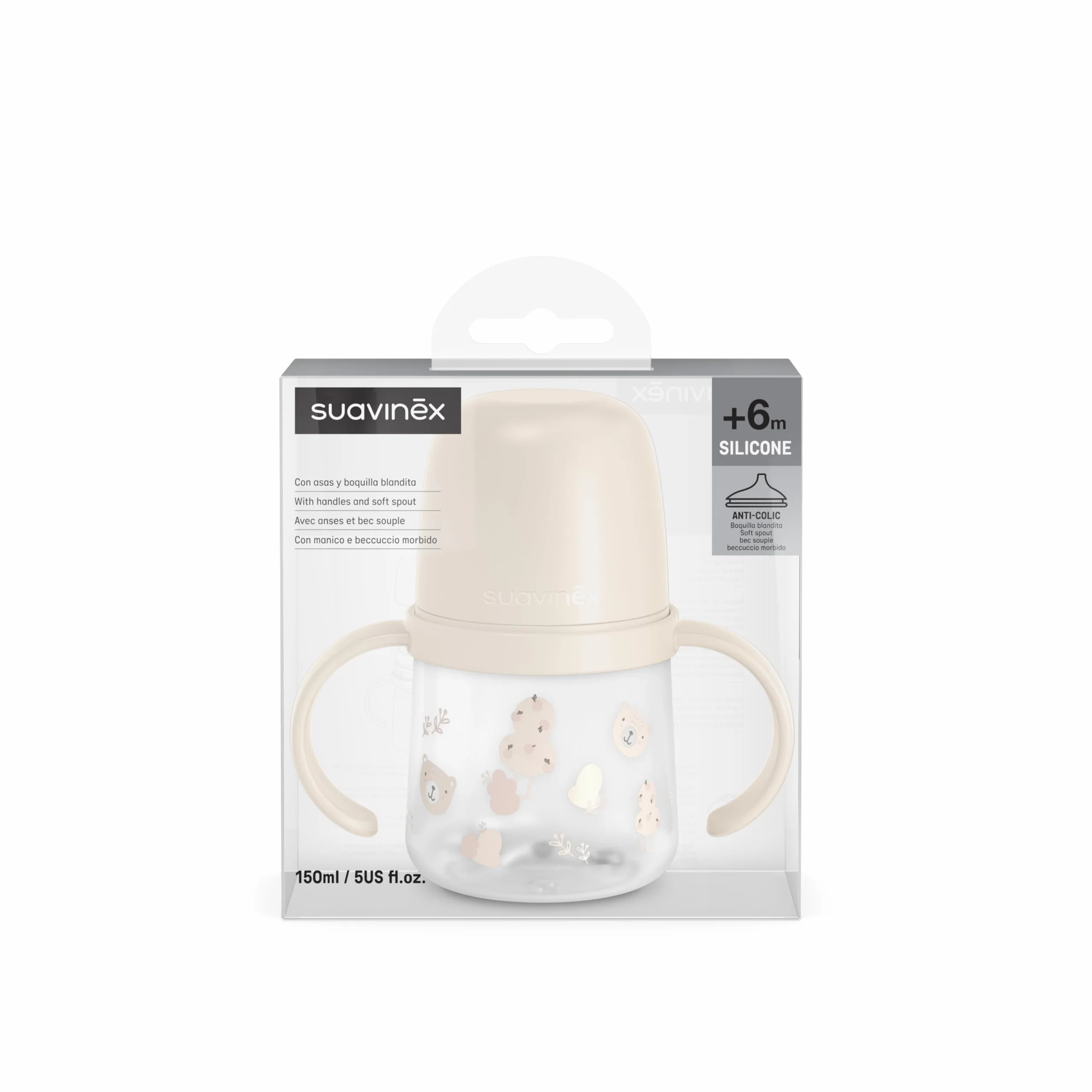 Suavinex Biberon à Anses Tasse Apprentissage Bébé Bec Souple Silicone Anti-Colique 150 ml Wild&Free Rose