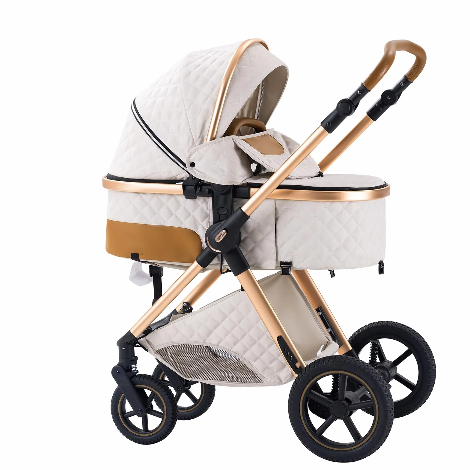 Poussette 3 en 1 Citadine Combinée Tricycle Baby Walker Haute Paysage Landau pour 0-36 Mois Pliante Trolley Bébé H2-RICEWHITE