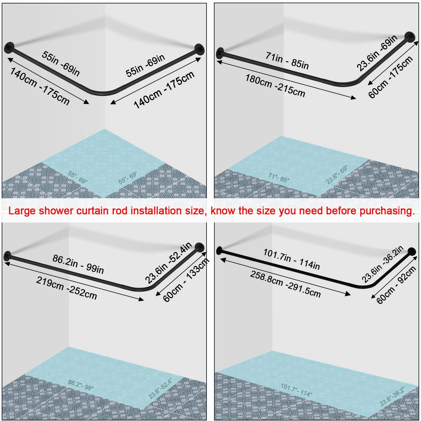 Tringle à rideau de douche extensible en acier inoxydable 304 en forme de L (noir, 60-133 cm x 180-215 cm), installation sans perçage, pour salle de bain, magasin de vêtements, espace privé