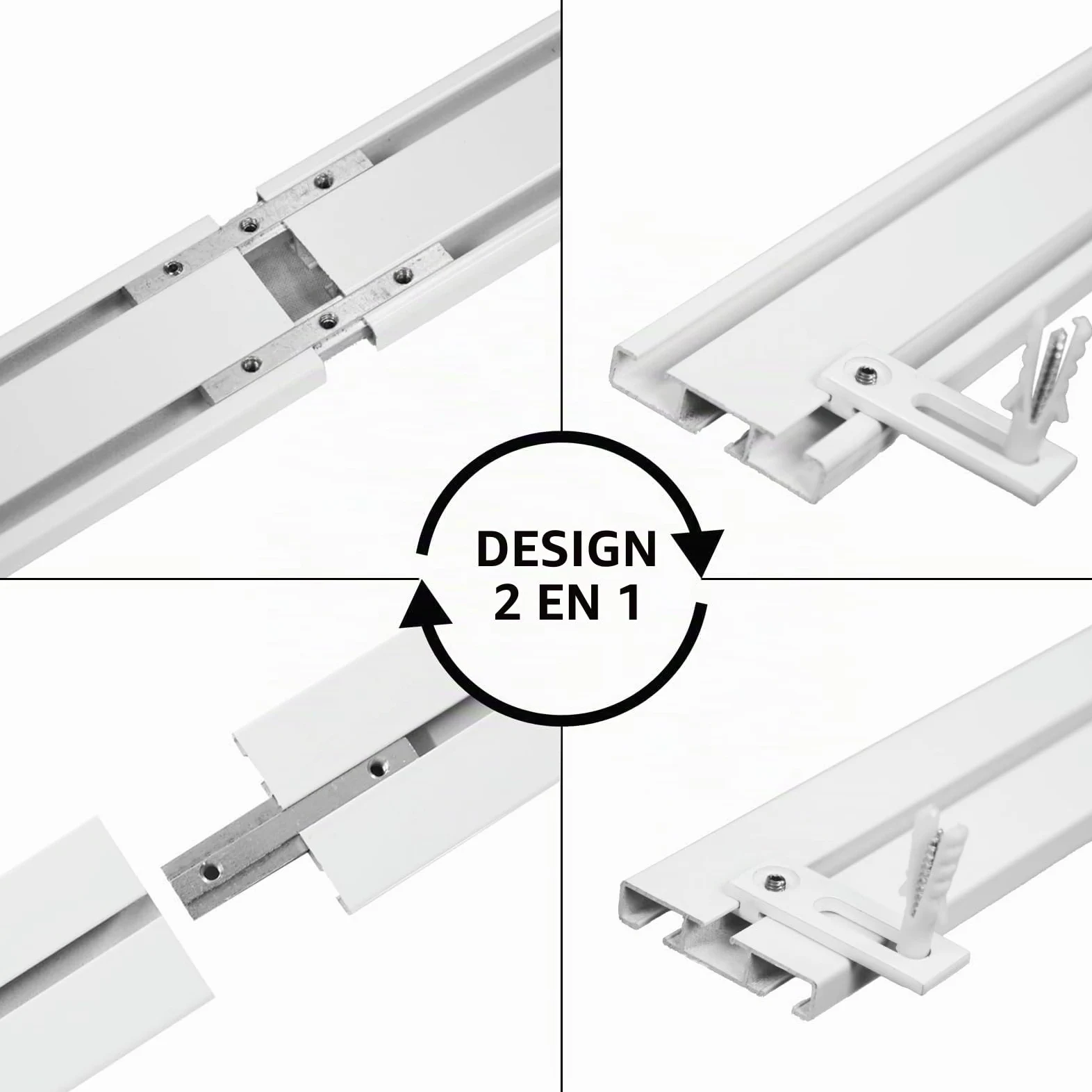 MDEKOR rail de rideau en aluminium 300 cm, 2-en-1 simple/double, montage au plafond, blanc, ensemble complet avec glissières, crochets et supports métalliques, silencieux