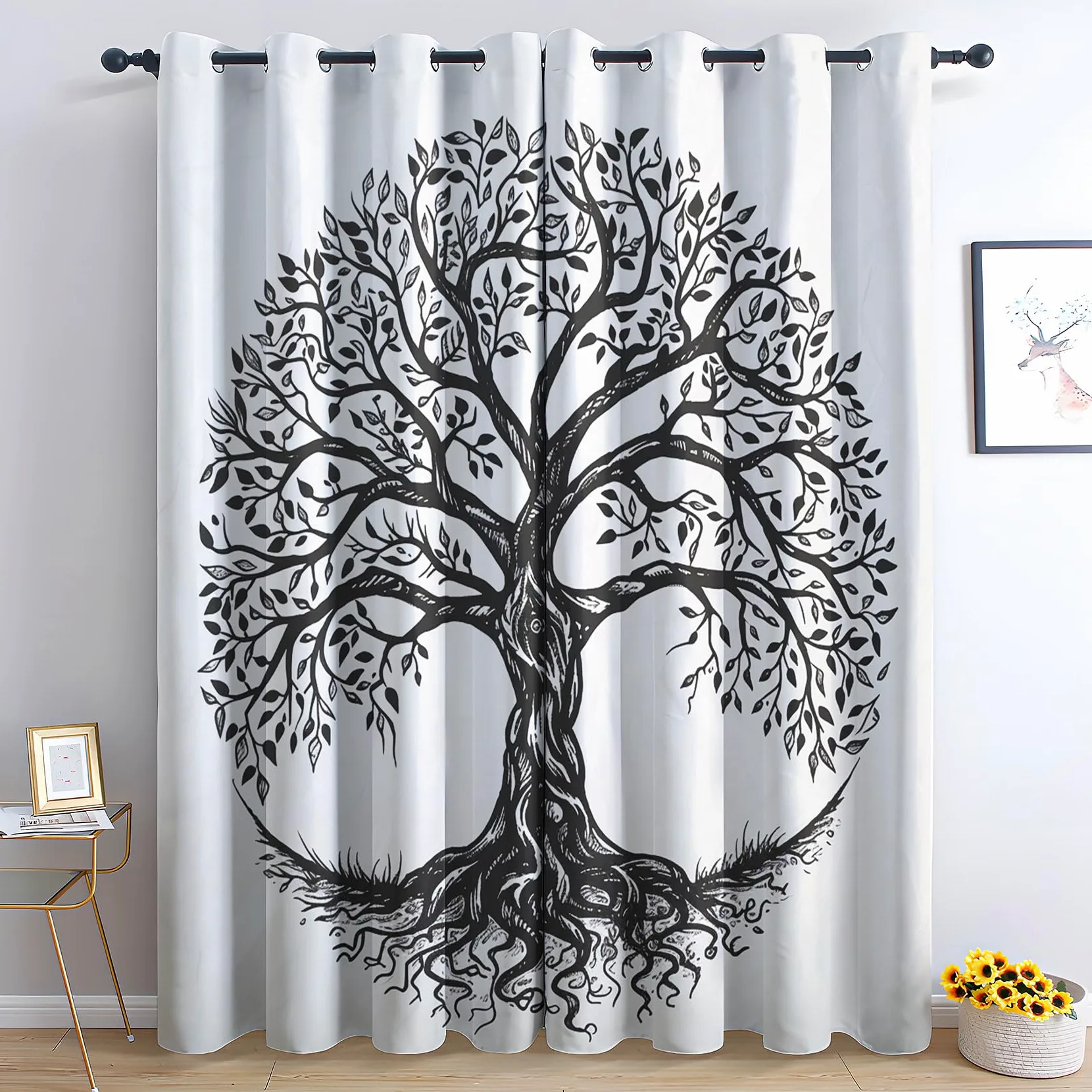 Rideau Occultant Arbre De Vie, Arbre Noir Et Blanc Motif Rideaux Thermiques à Oeillets, Rideaux Imprimé pour Salon Chambre Fenetre Moderne Décoration, 140x200 cm (L x H), Lot de 2