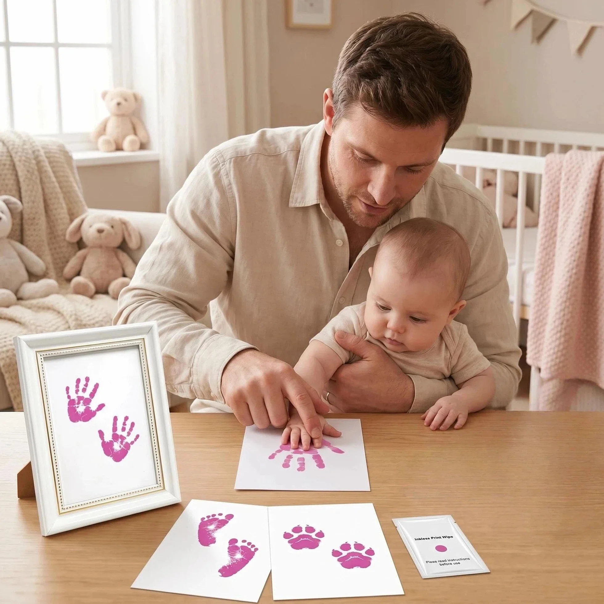 Kit Empreinte Bébé Pieds et Mains Clean Touch Encreur Sans Kits Nouveau-Nés avec 1 Cadre Photo Rose