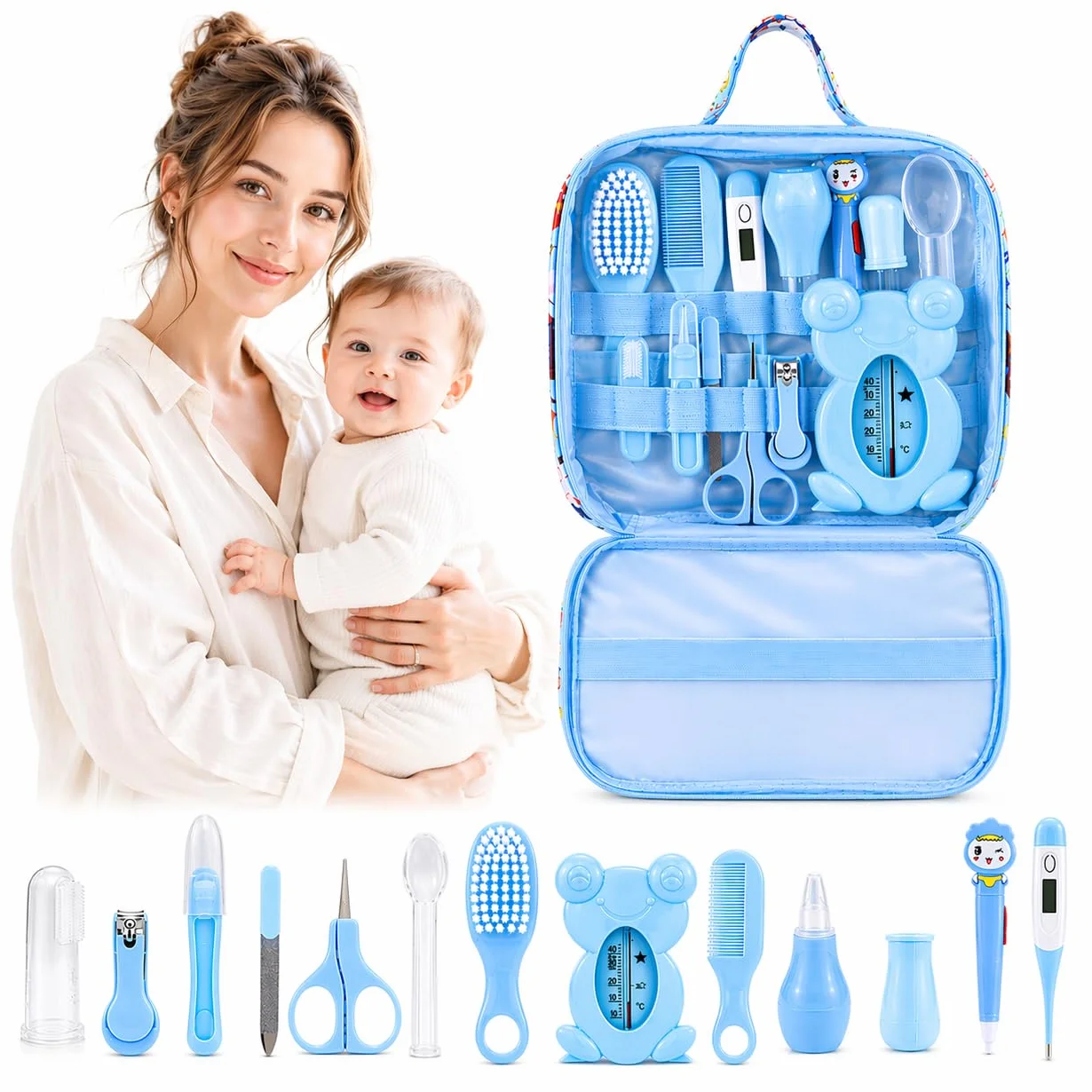 Trousse de Soin Bébé Naissance 13 Accessoires Essentiels Brosse à Cheveux Thermomètre Digital Coupe-Ongles Lime Bleu