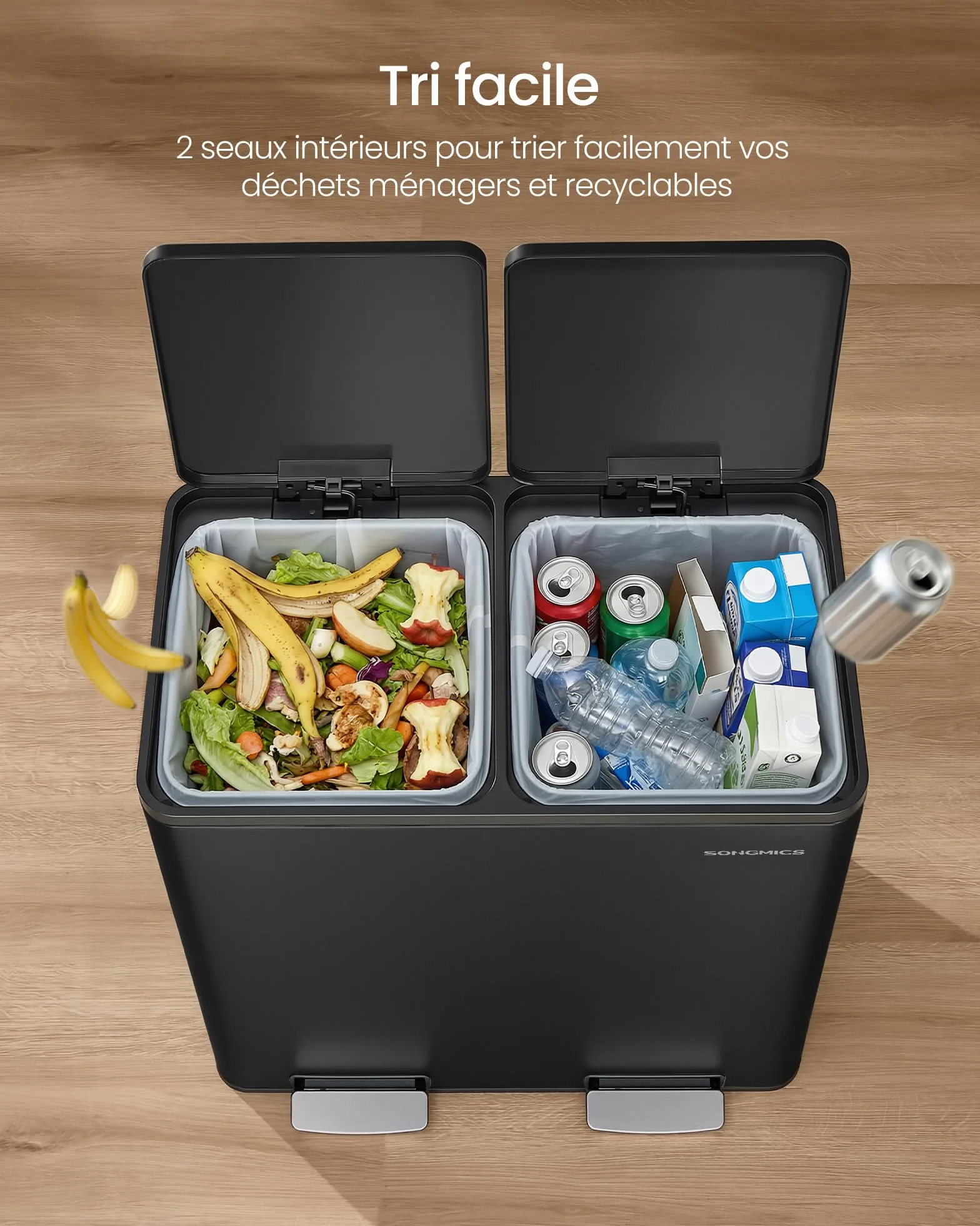 SONGMICS Poubelle de Cuisine 2 x 30 L, Tri 2 Compartiments, Acier, Noir d'Encre LTB160BZ02