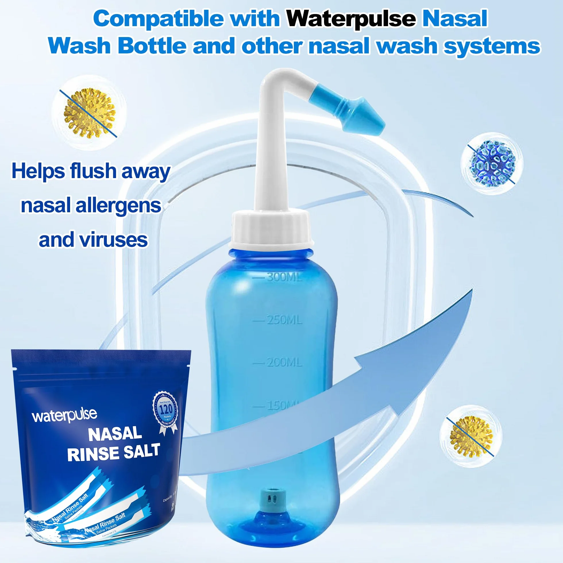 Waterpulse NETI pot sel de rinçage nasal 120 x, solution saline physiologique pour rhume et allergies au pollen