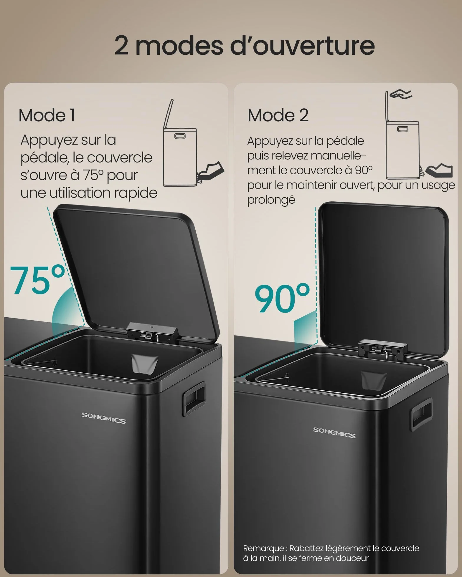 SONGMICS Poubelle de Cuisine 2 x 30 L, Tri 2 Compartiments, Acier, Noir d'Encre LTB160BZ02