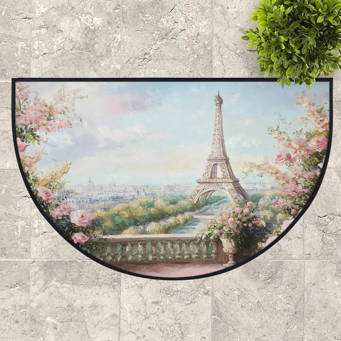 Mexpekil Paillasson demi-lune pour intérieur et extérieur - Motif paysage parisien - Antidérapant - Lavable - Absorbant la saleté - Demi-rond - 100 x 160 cm