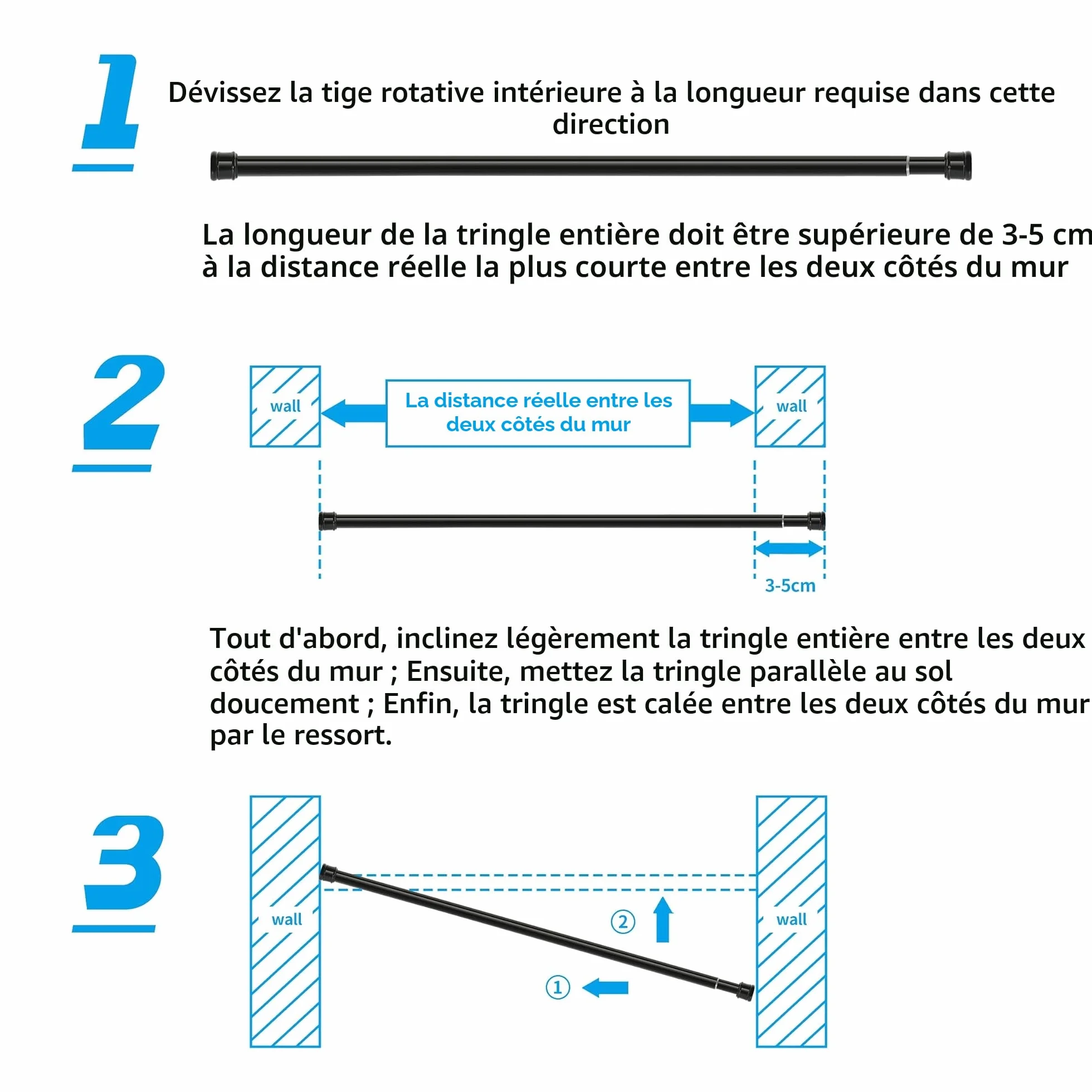 Tringle à rideaux télescopique sans perçage 66-90 cm blanc diamètre 25 mm