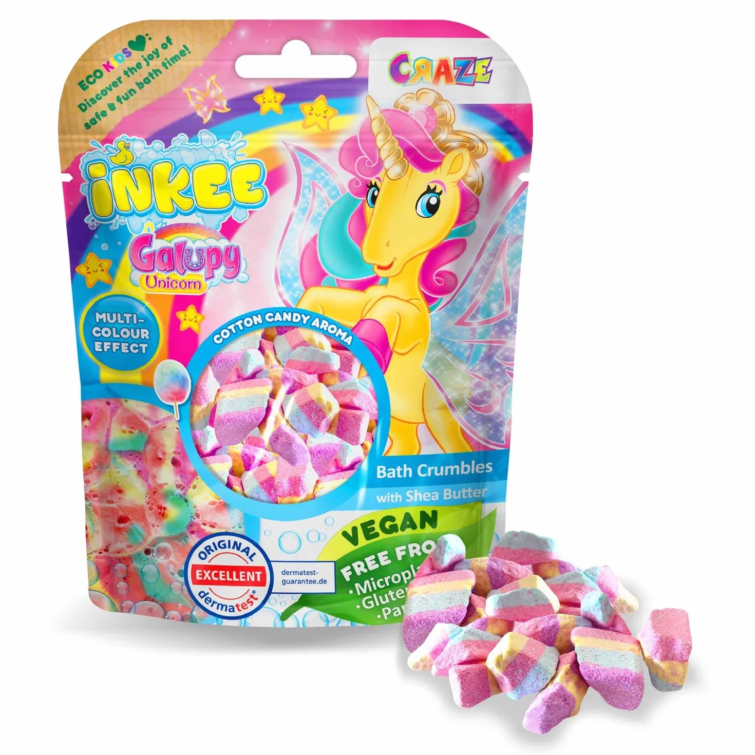INKEE Granulés de Bain Galupy Unicorn Sels de Bain multicolore 4 couches arôme Barbe à Papa beurre de cacao Sachet 100g