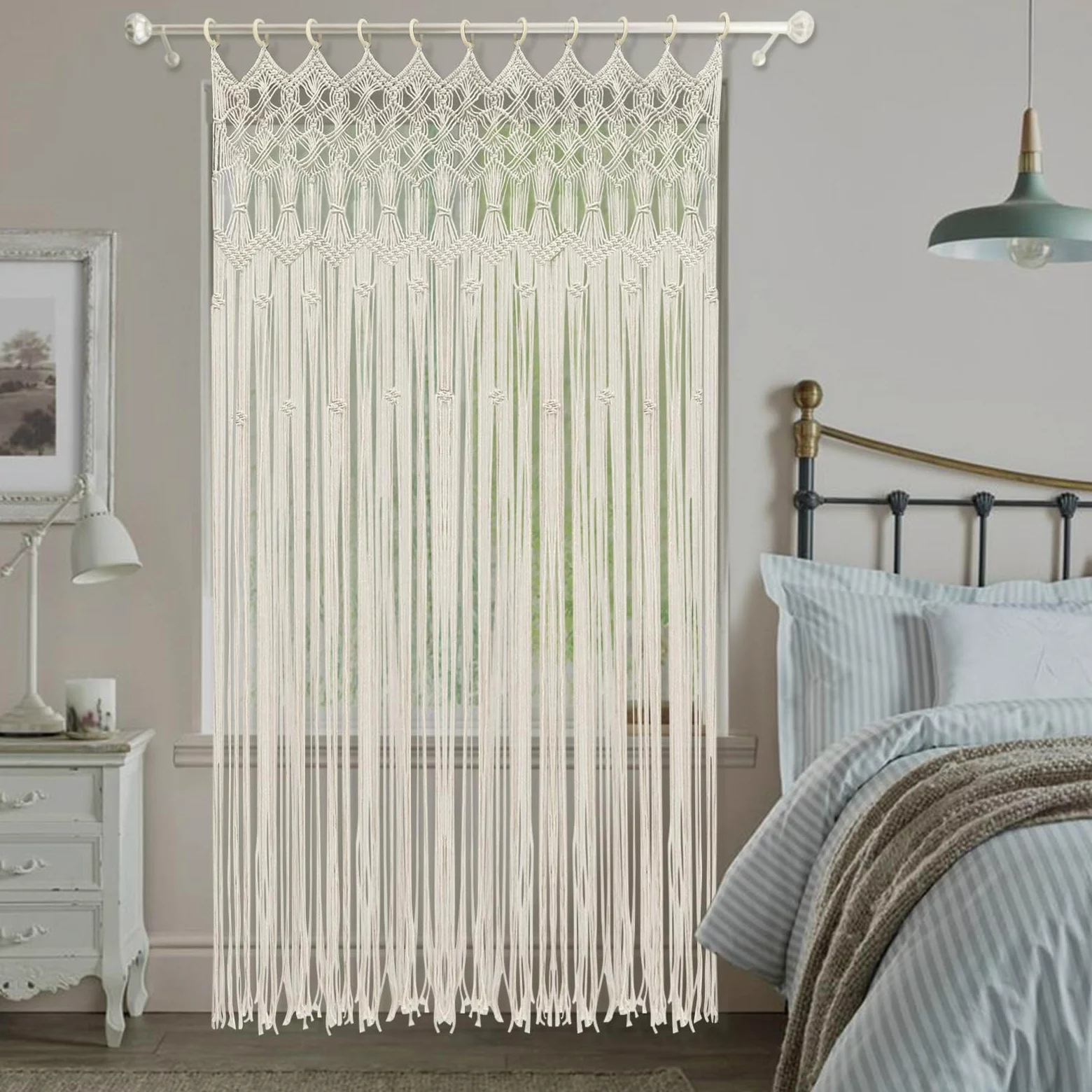 Rideau de porte en macramé - 120 x 195 cm - Fait à la main - Style bohème - Grand rideau tissé à la main - Avec anneau en bois - En coton tissé - Décoration de fenêtre - Blanc