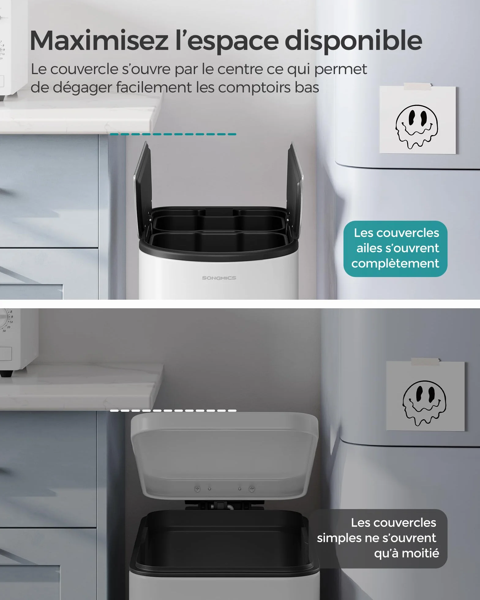 SONGMICS Poubelle Double 30L 20L 2 Compartiments Tri Recyclage Déchets Pédale Couvercles Ailes Blanc Nuage Argent Métallique LTB570W02