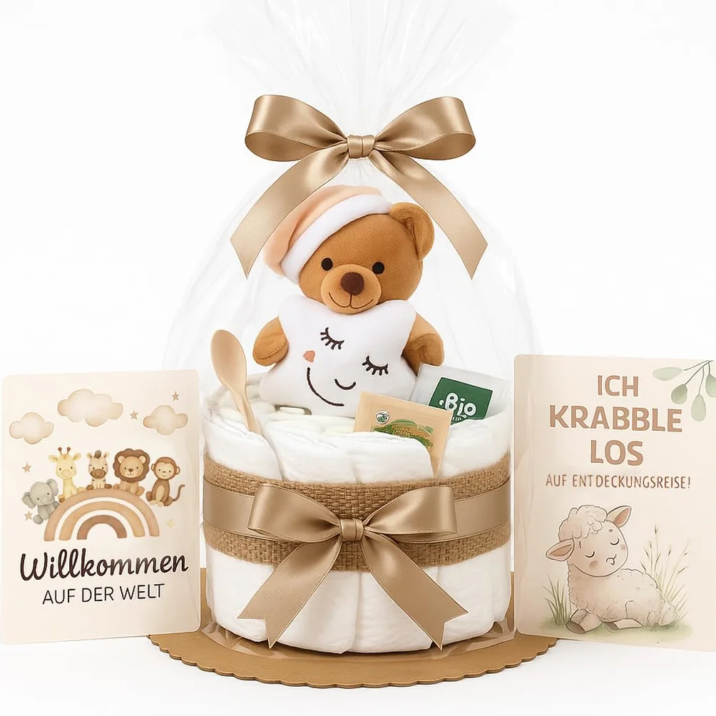 Gâteau de couches boho vintage pour bébé fille garçon avec ours en peluche, doudou et thé bio