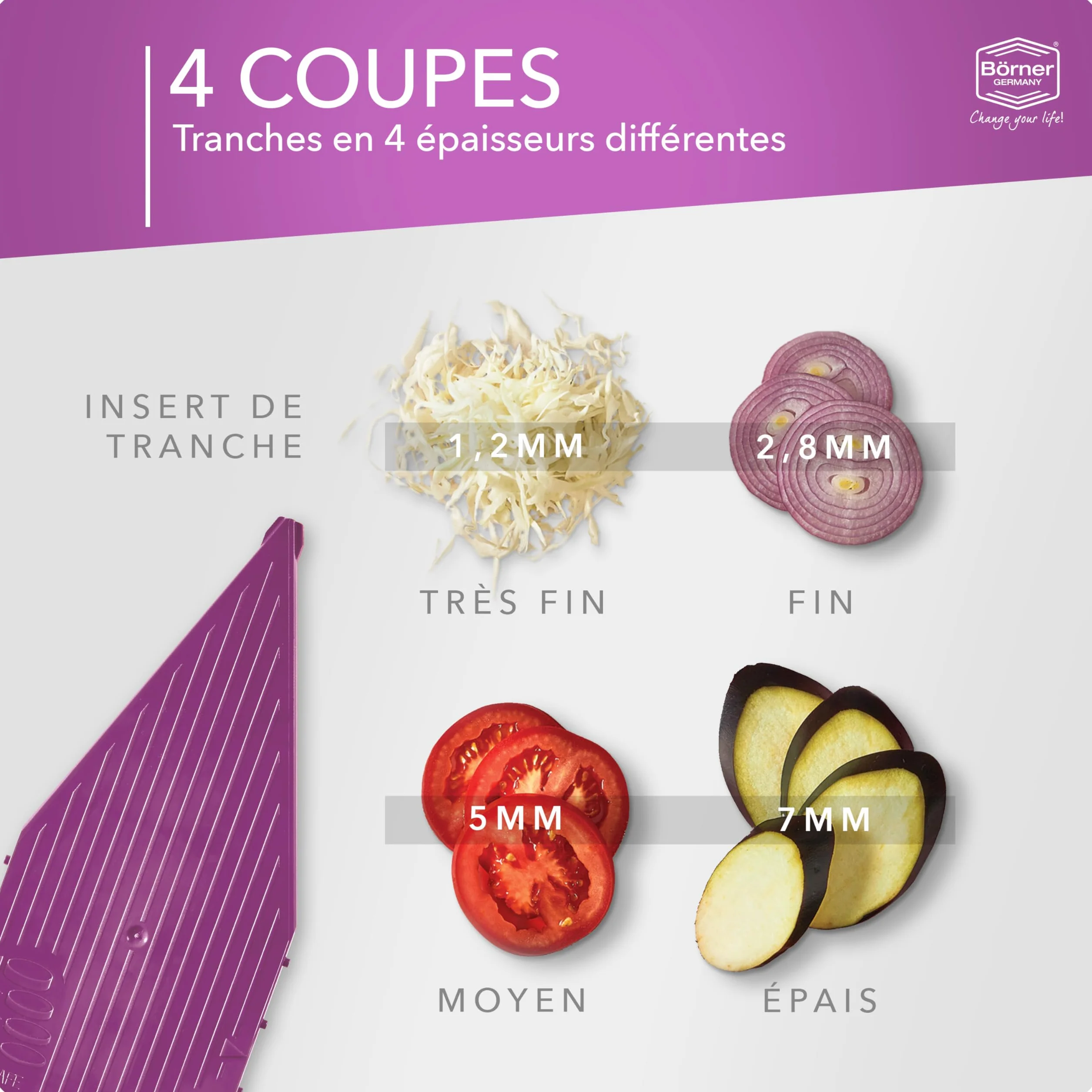Börner V5 Coupe-Légumes Mandoline Trancheuse Lame Acier Inoxydable 4 Épaisseurs Violet