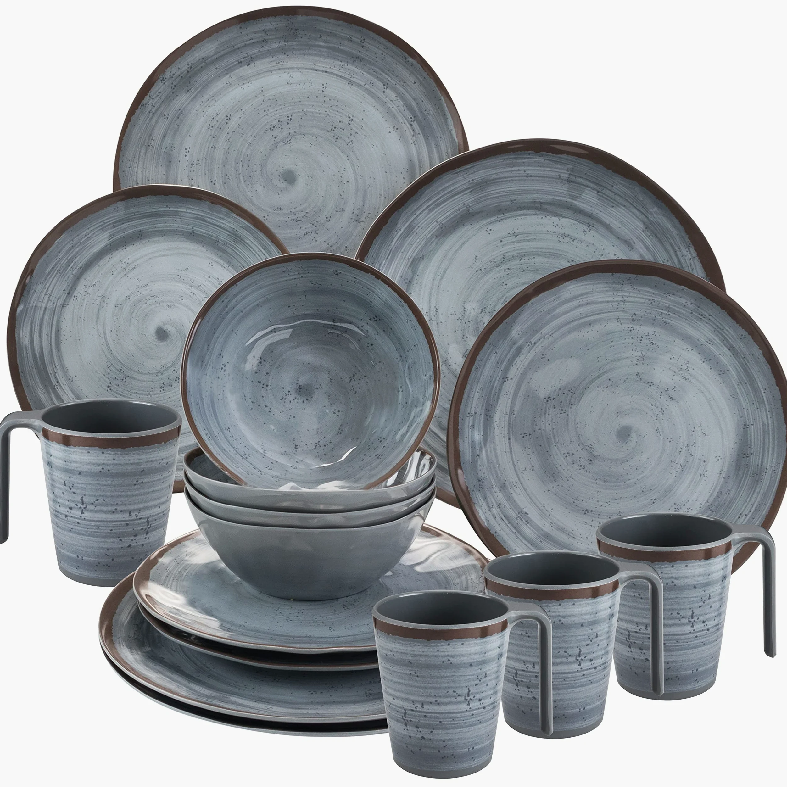 Service table mélamine tasses 4 personnes 16 camping extérieur grès Gris