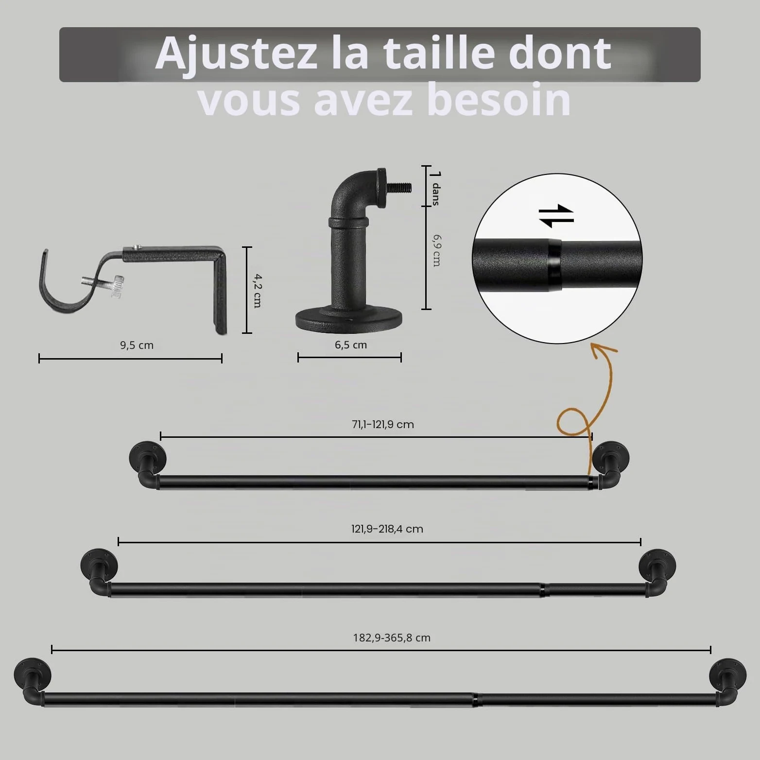 Tringle à Rideau Extensible Style Industriel, Tringles Rideaux pour Rideaux à œillets, Barre Rideau Extensible 67cm - 122cm. ((67cm - 122cm) X 2 PACK)
