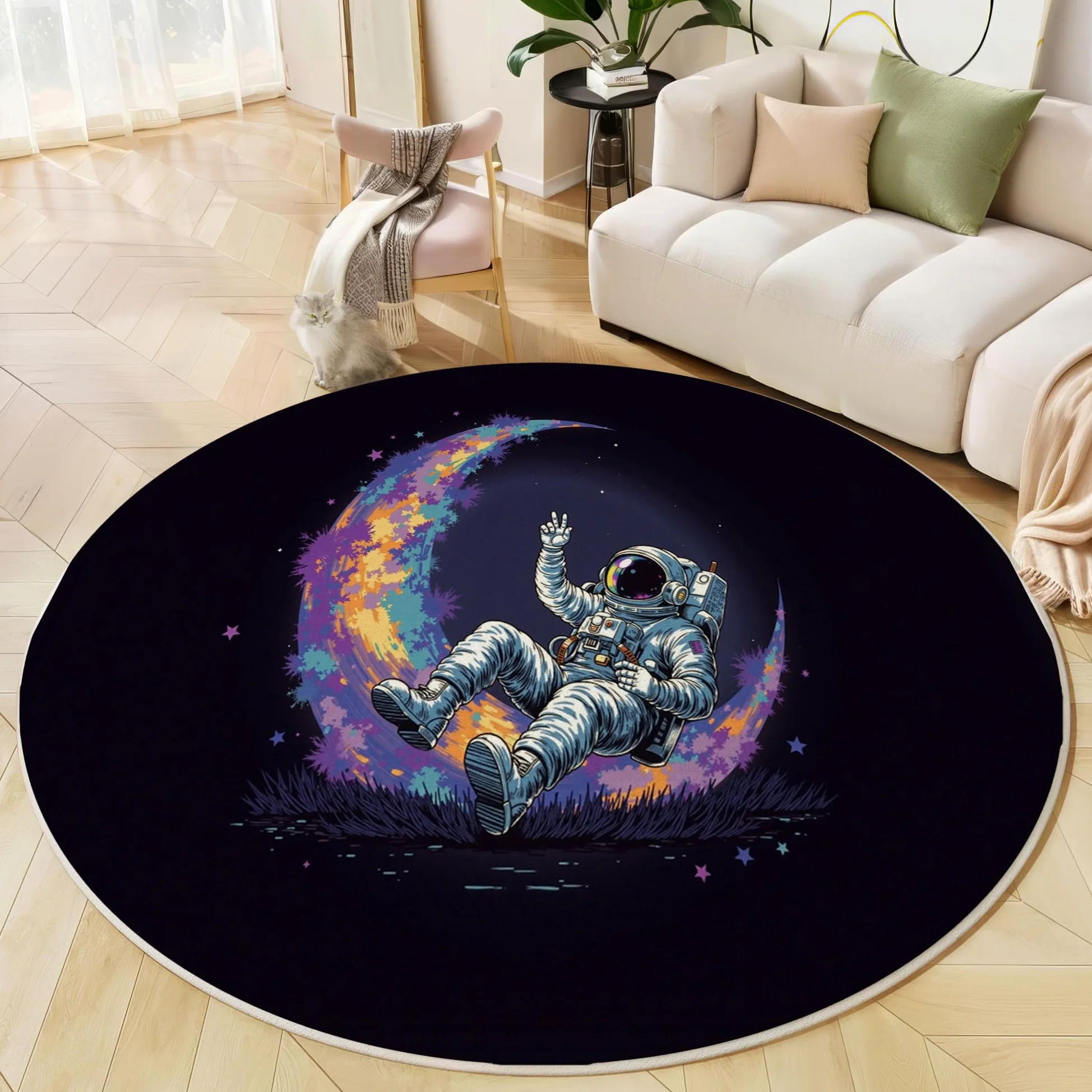 Tapis Rond Aquarelle Lune Astronaute 100 Cm, Lavable En Machine Pour Salon, Ne Perd Pas Ses Poils, Antidérapant | Tapis Affiche Science-Fiction Pour Chambre À Coucher Chambre D'Enfant, Noir Violet