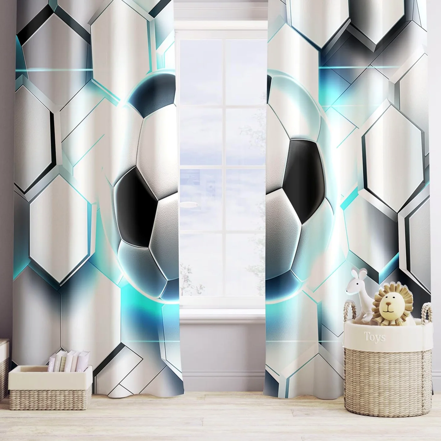 Lot de Rideaux Occultants à Oeillets Isolant Thermique Anti Froid Ballon de Foot Hexagonal animé Imprimés Blanc, Rideaux Salon Chambre pour Enfant Garcon, 110L X 215H cm (2 Panneaux)