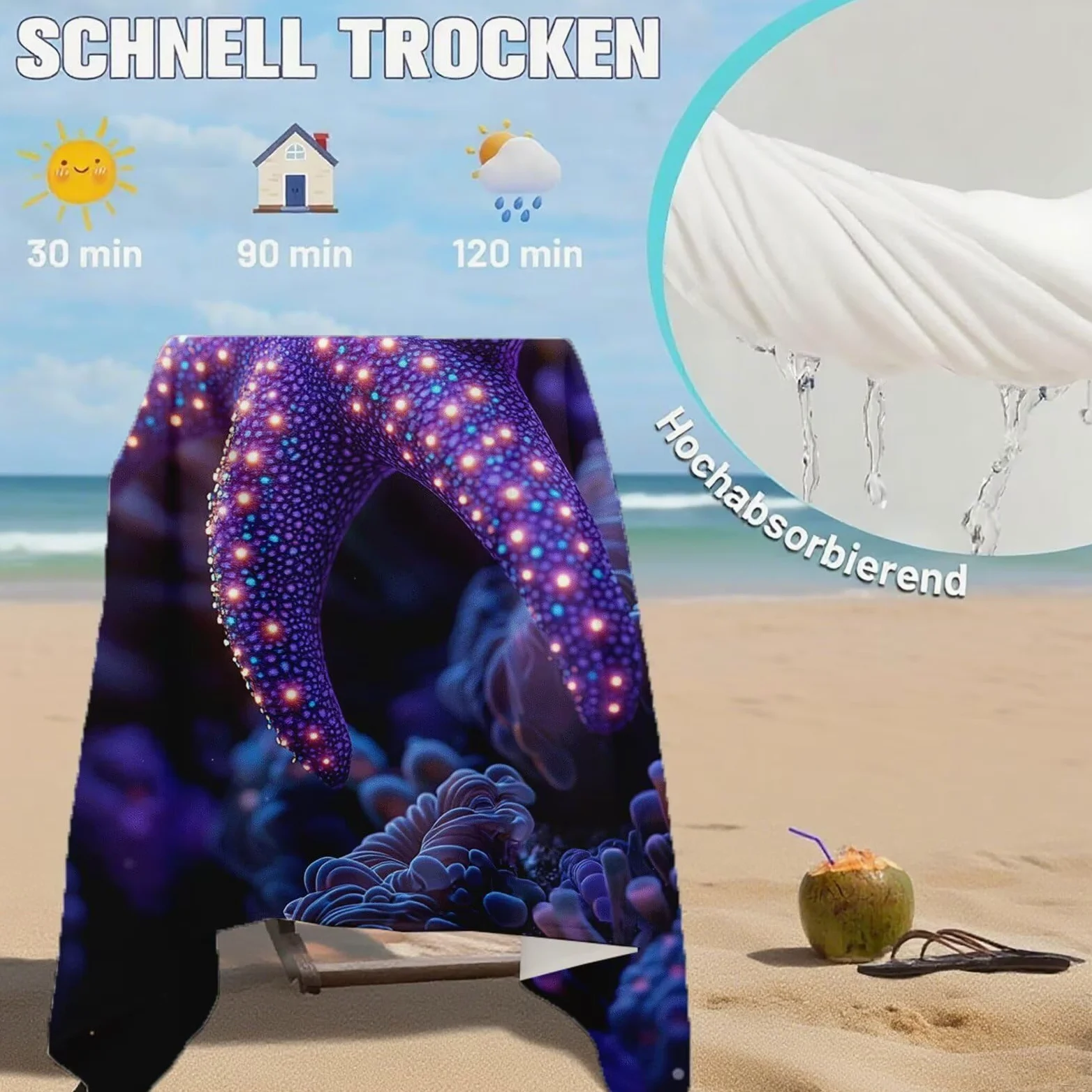 Serviette de Plage XXL 100x200 cm,Étoile de mer Serviette Plage Microfibre avec Séchage Rapide Anti-Sable Absorbante Fonction Design pour Vacances Piscine Pique-Nique Voyages Yoga, Cadeau Femme Q-872